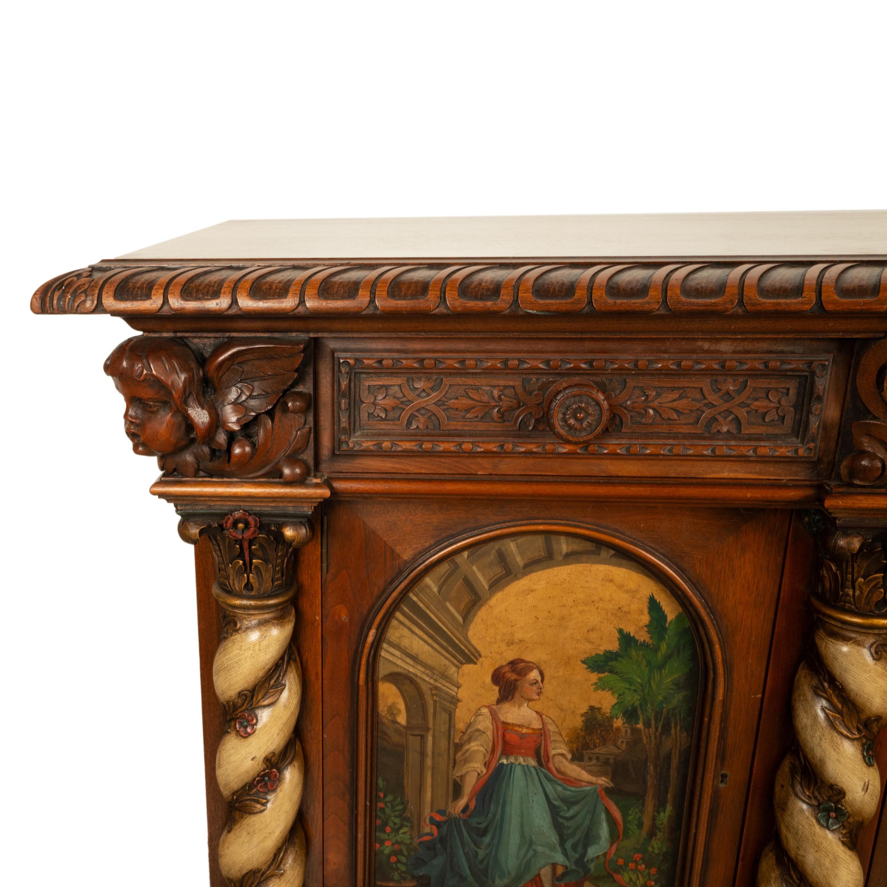 Antique Italian Renaissance Painted Polychrome Carved Buffet Cabinet 1890 10