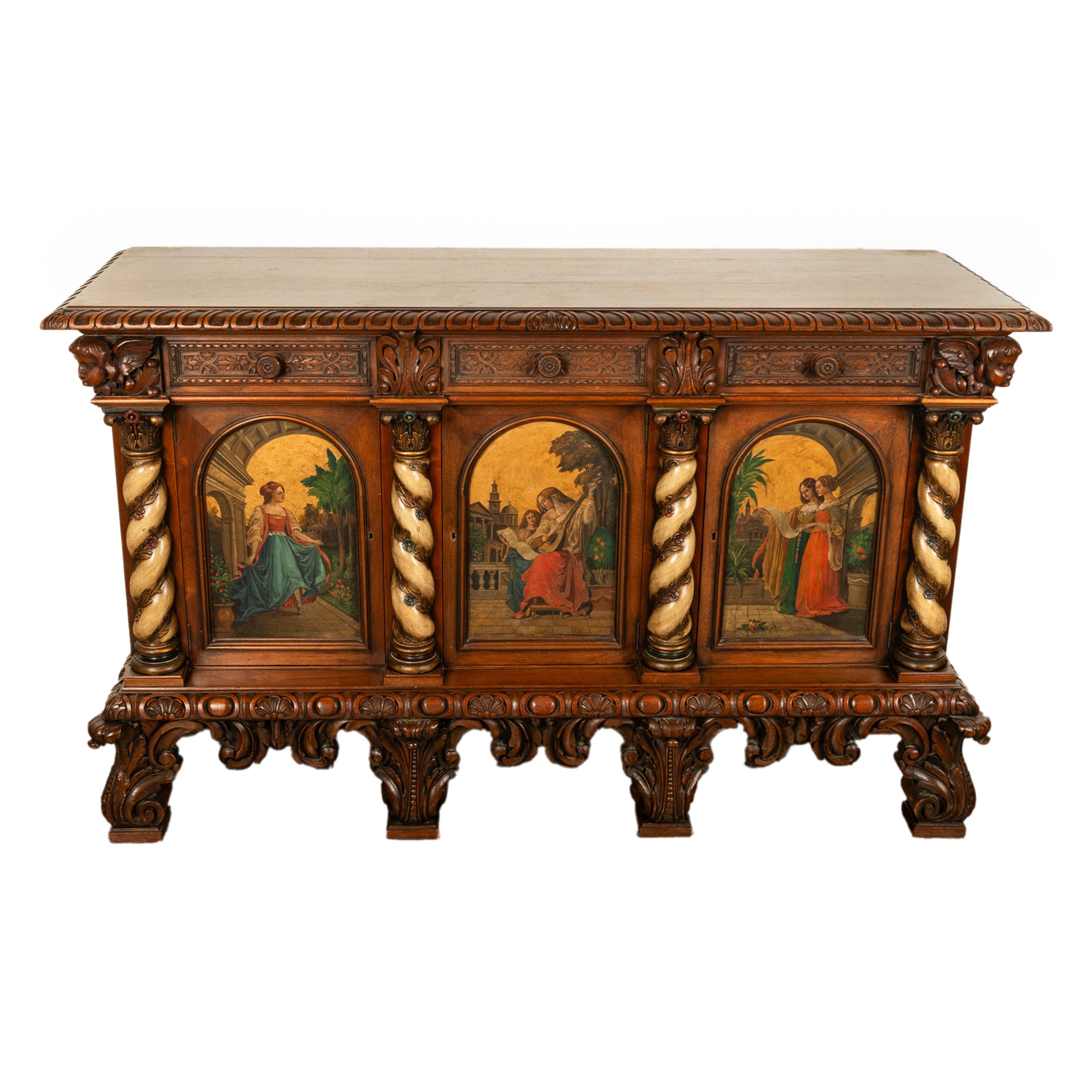 Renaissance Revival Antique Italian Renaissance Painted Polychrome Carved Buffet Cabinet 1890