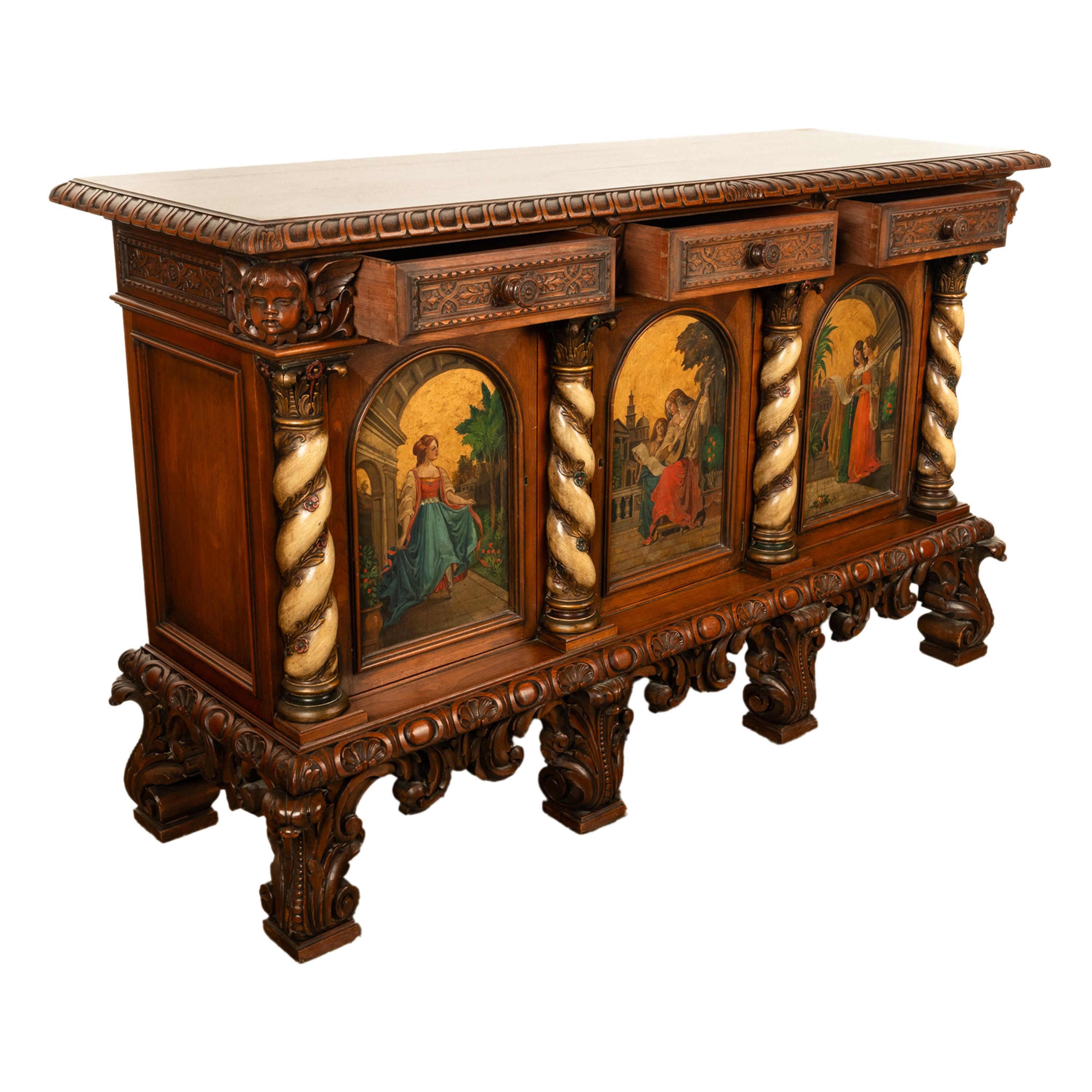Bronzed Antique Italian Renaissance Painted Polychrome Carved Buffet Cabinet 1890