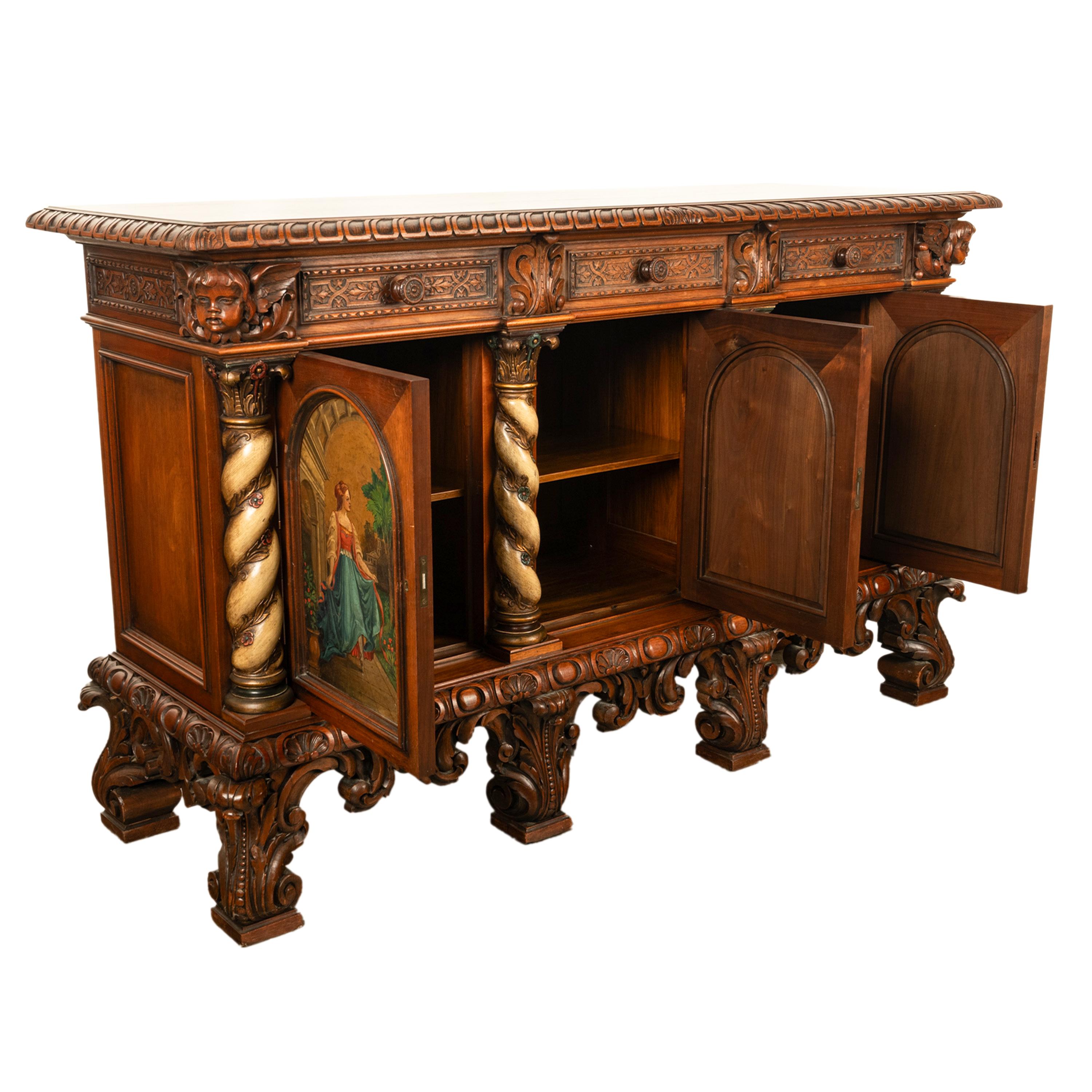 Antique Italian Renaissance Painted Polychrome Carved Buffet Cabinet 1890 In Good Condition In Portland, OR