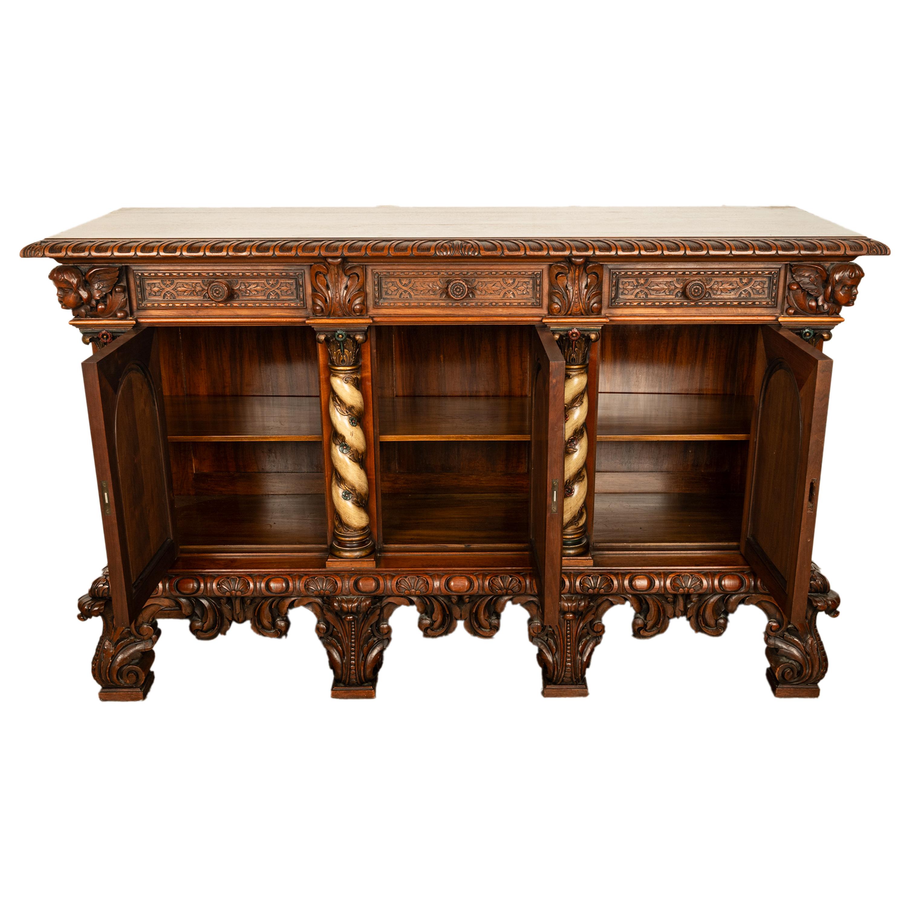 Late 19th Century Antique Italian Renaissance Painted Polychrome Carved Buffet Cabinet 1890