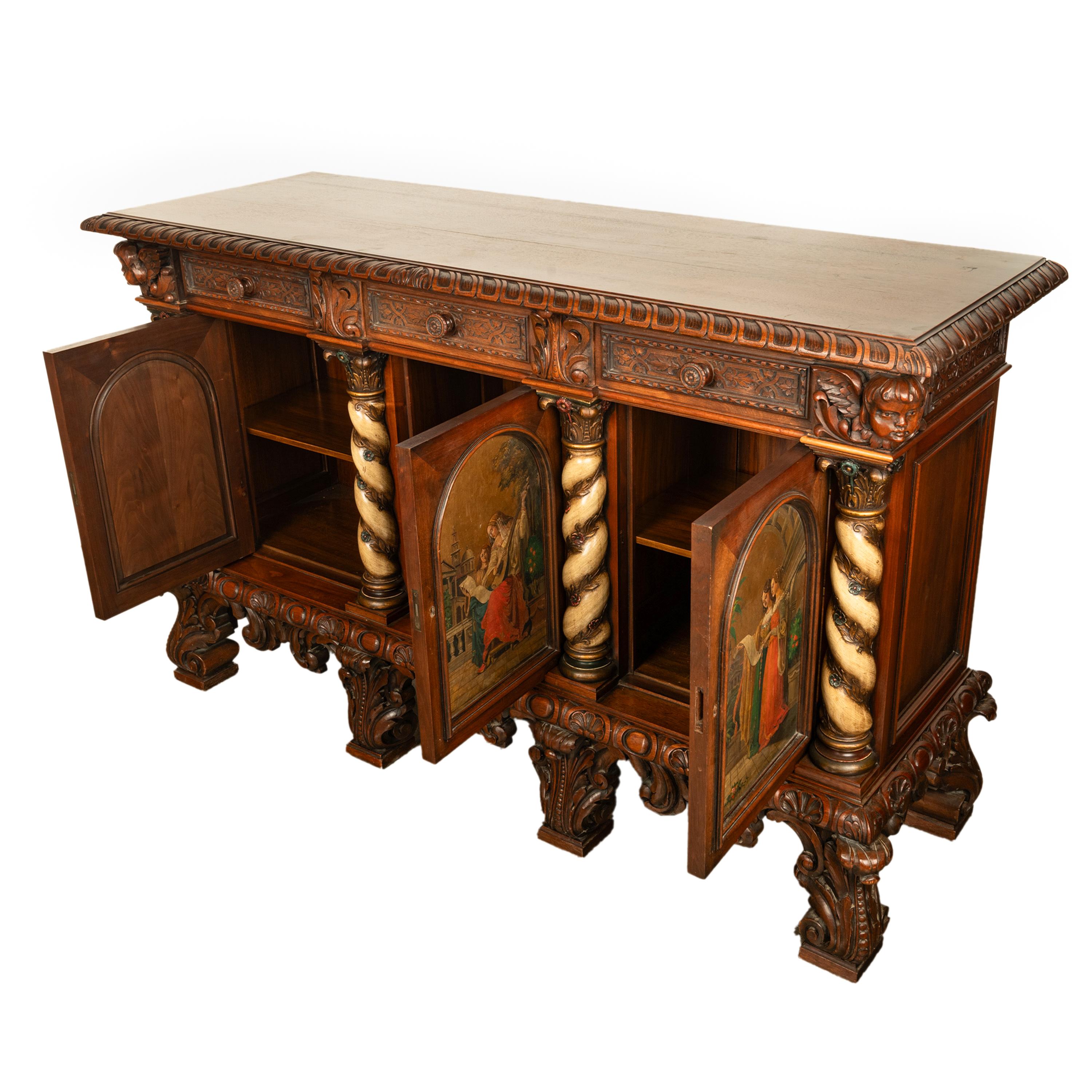 Walnut Antique Italian Renaissance Painted Polychrome Carved Buffet Cabinet 1890
