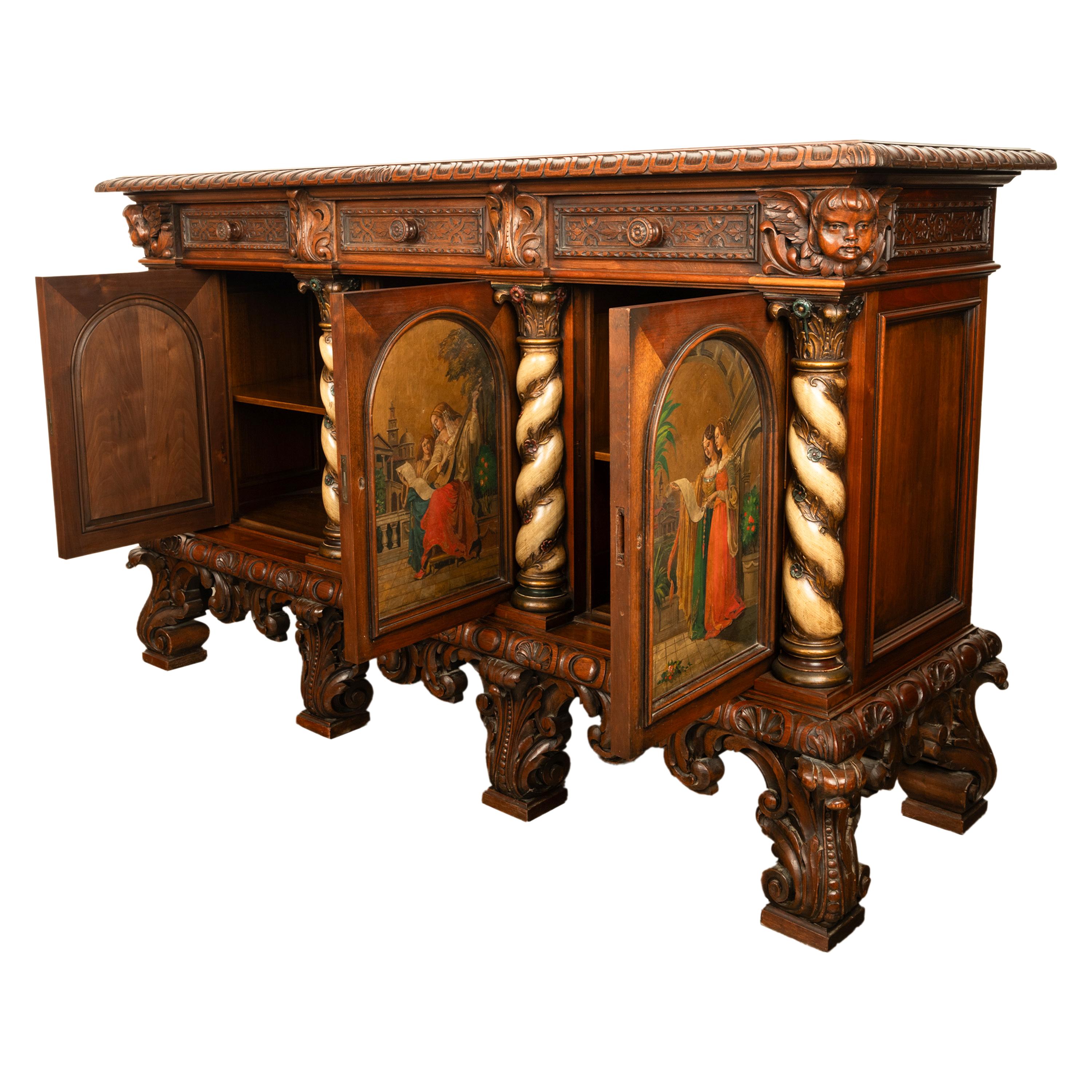 Antique Italian Renaissance Painted Polychrome Carved Buffet Cabinet 1890 1