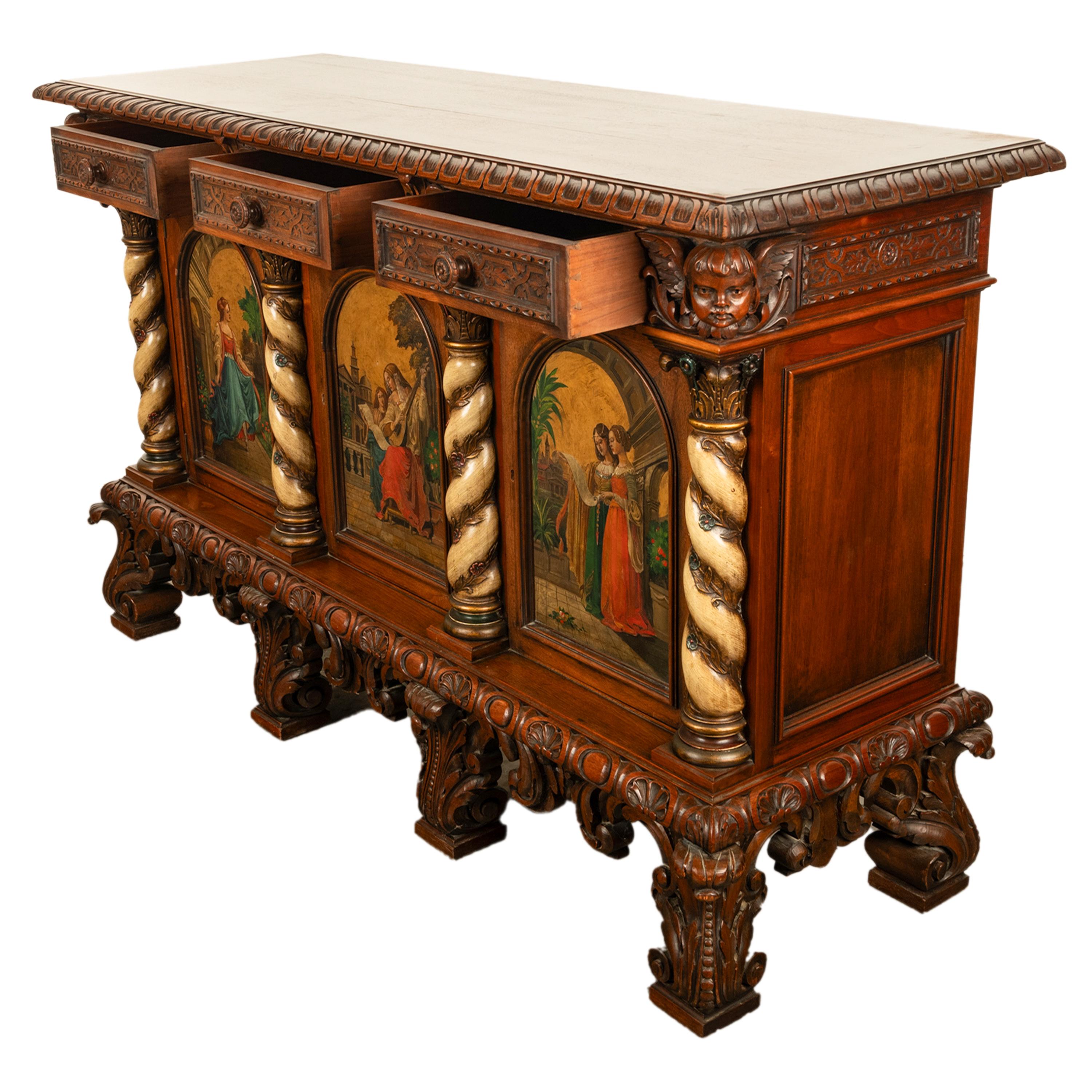 Antique Italian Renaissance Painted Polychrome Carved Buffet Cabinet 1890 2