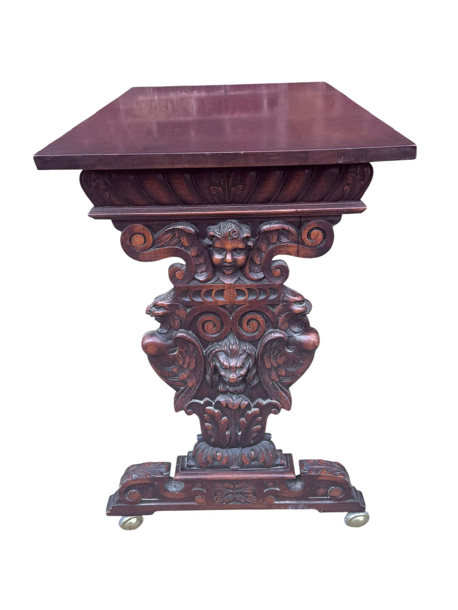 Brass Antique Italian Renaissance Revival Carved Figural Bust, Winged Lions Hea For Sale