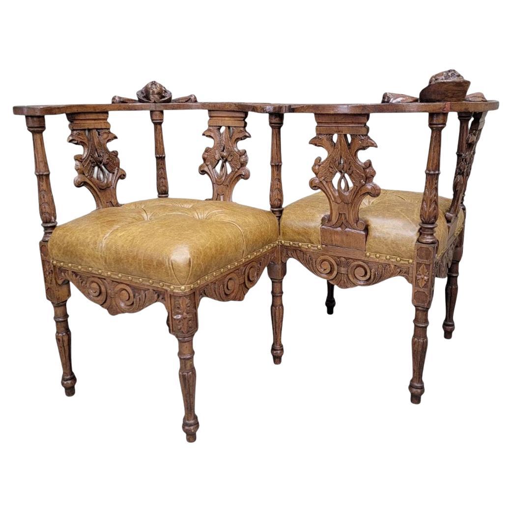 Antique Italian Renaissance Revival Carved Tufted Tete-A-Tete Bench
