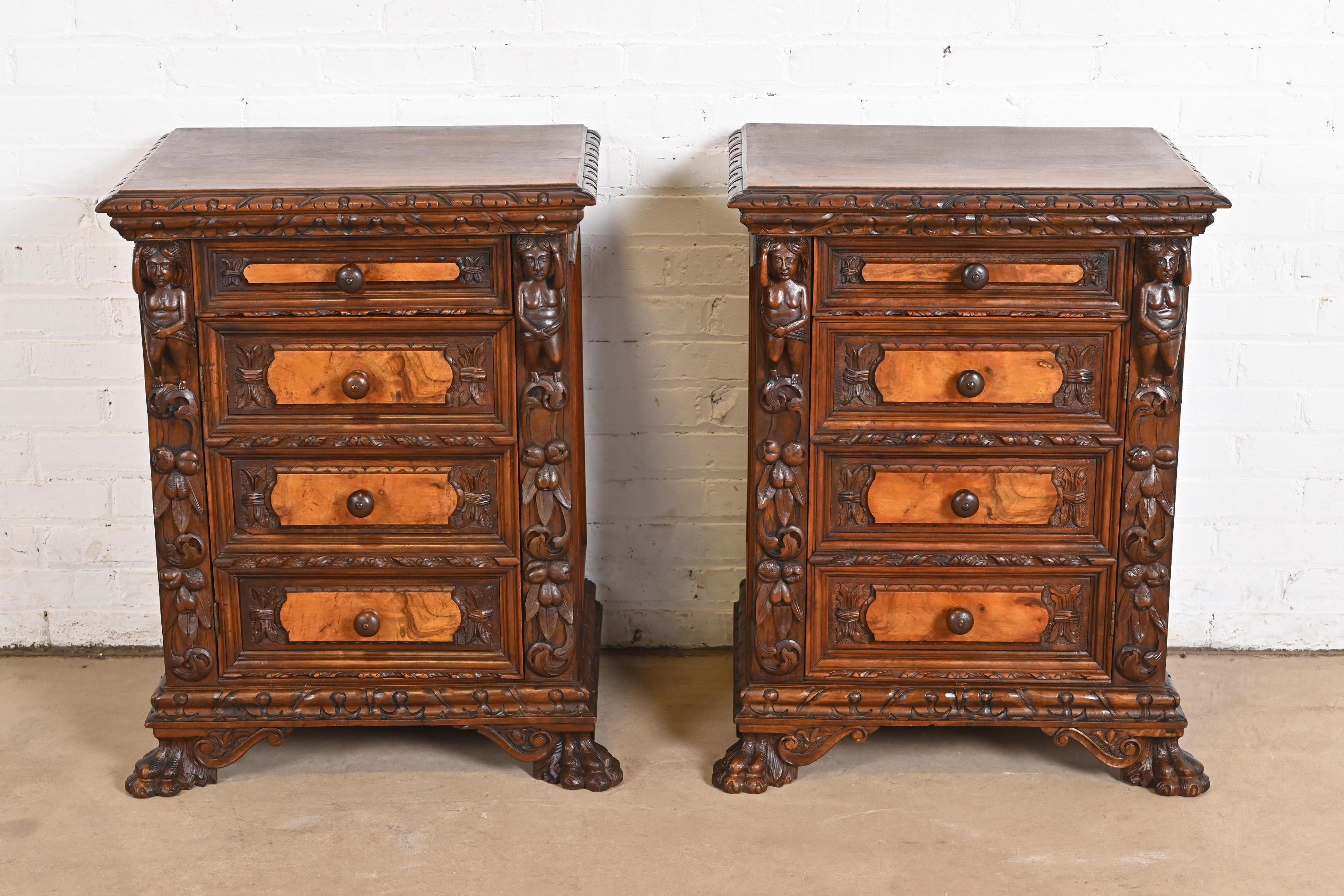 Antique Italian Renaissance Revival Carved Walnut and Burl Wood Bedside Chests In Good Condition For Sale In South Bend, IN