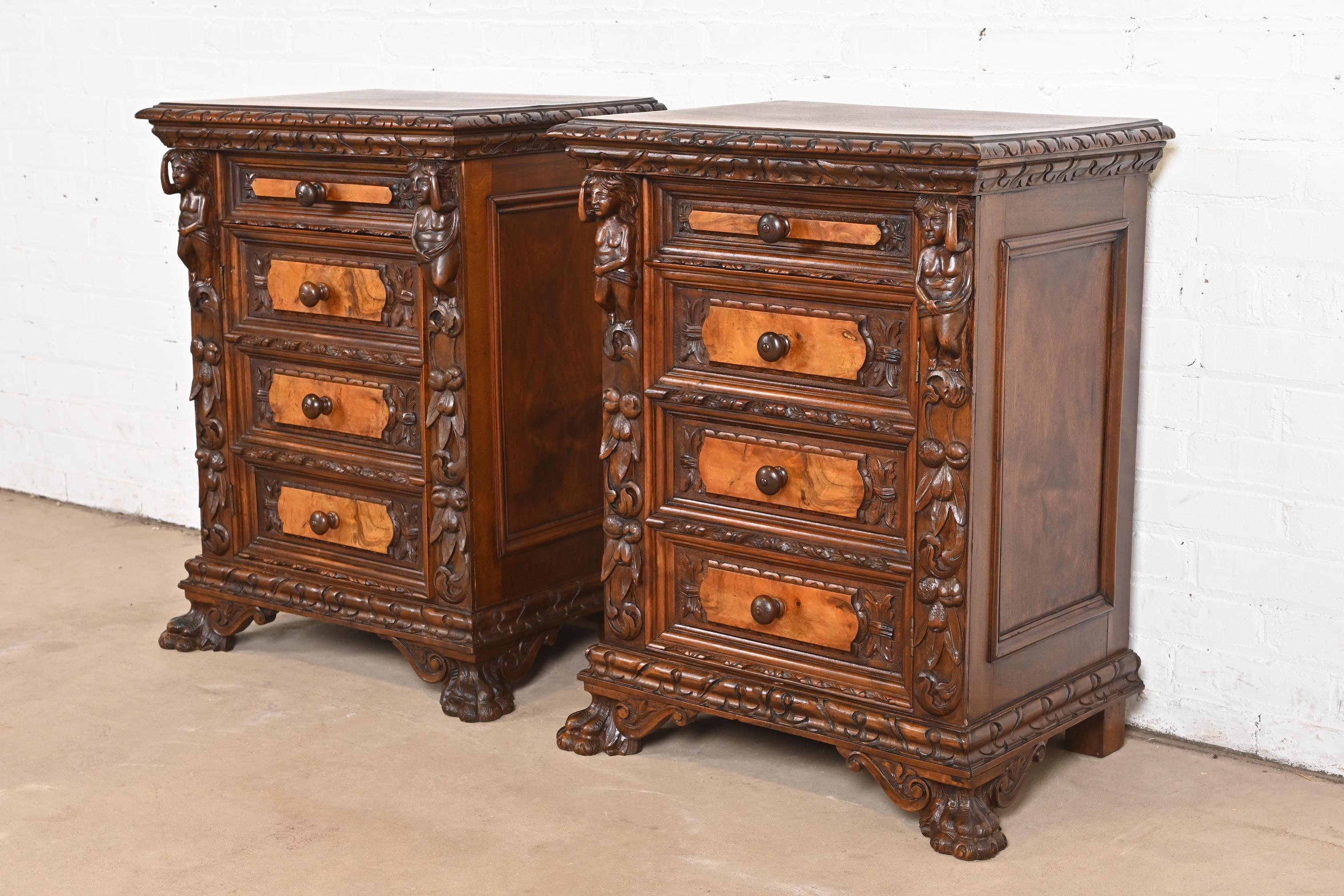 20th Century Antique Italian Renaissance Revival Carved Walnut and Burl Wood Bedside Chests For Sale