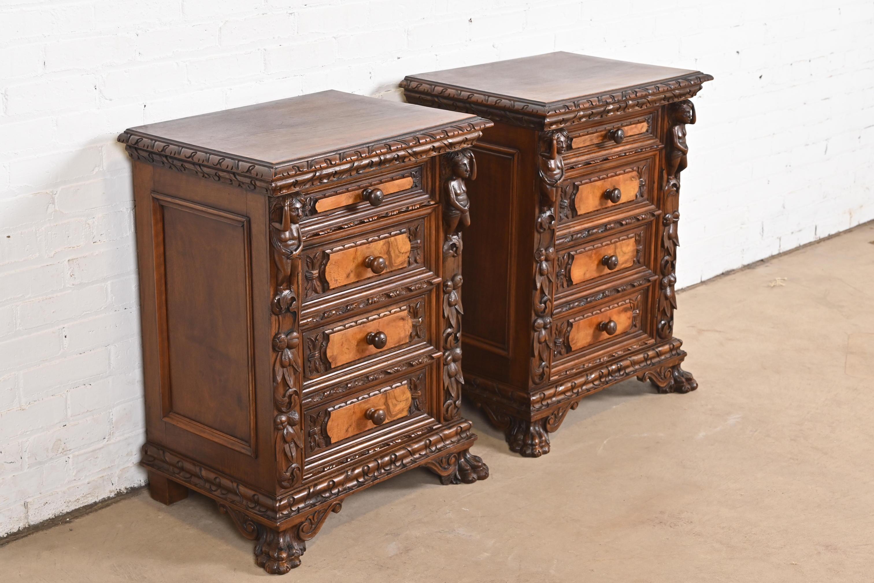 Porcelain Antique Italian Renaissance Revival Carved Walnut and Burl Wood Bedside Chests For Sale