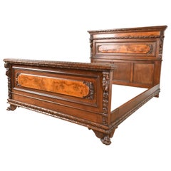 Antique Italian Renaissance Revival Carved Walnut and Burl Wood Queen Size Bed