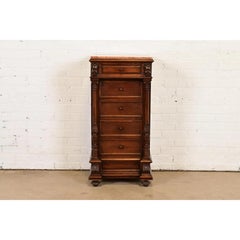 Antique Italian Renaissance Revival Carved Walnut and Marble Top Bedside Chest