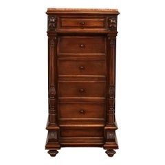 Antique Italian Renaissance Revival Carved Walnut and Marble Top Bedside Chest