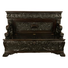 Antique Italian Renaissance Revival Carved Walnut Hall Bench Chest Dolphins 1870