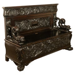 Antique Italian Renaissance Revival Carved Walnut Hall Bench Chest Dolphins 1870