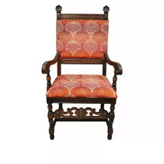 Antique Italian Renaissance Revival Carved Walnut Throne Captains Red Arm Chair