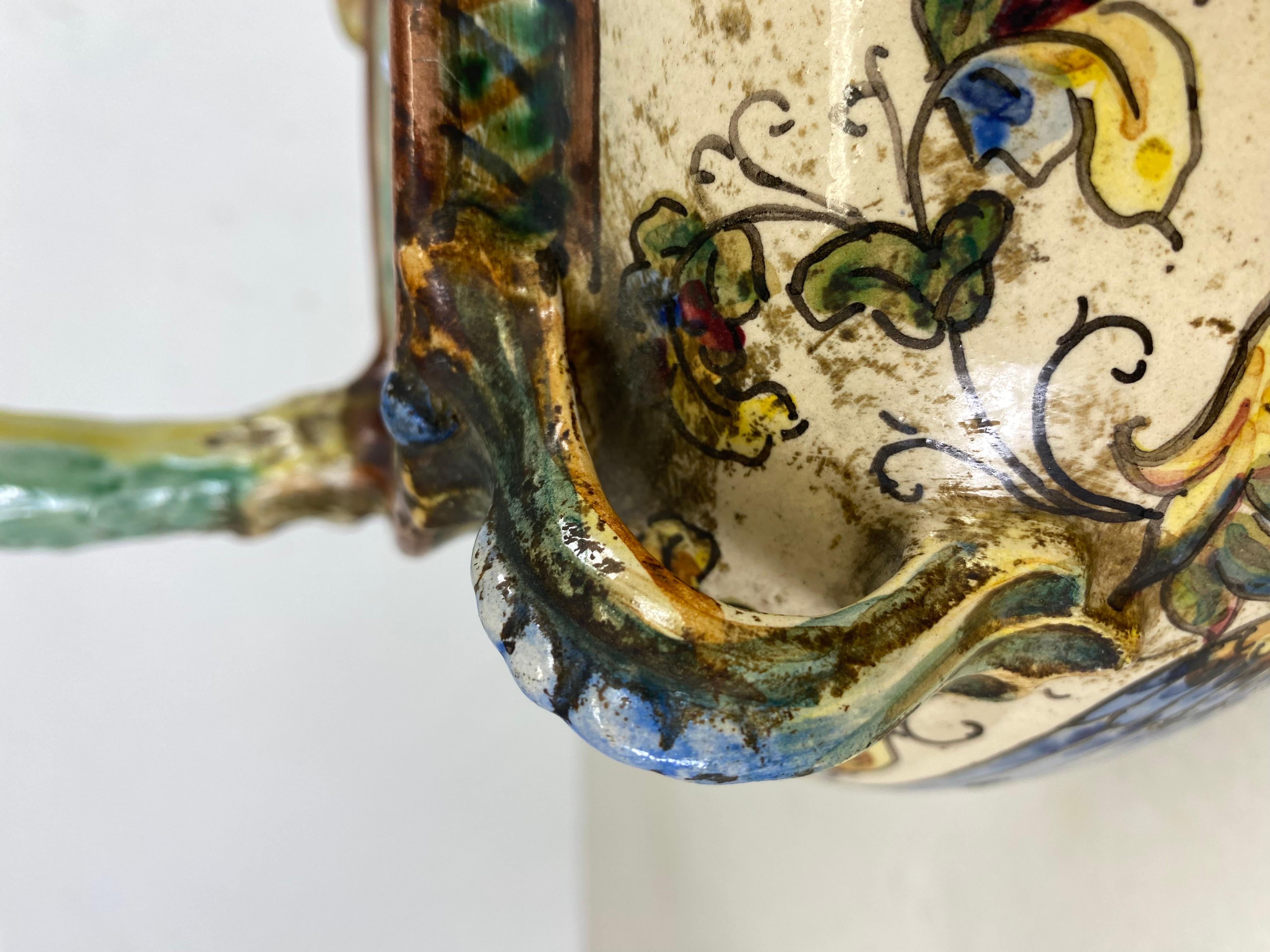 Glazed Antique Italian Renaissance Revival Elaborately Decorated Terracotta Pitcher For Sale