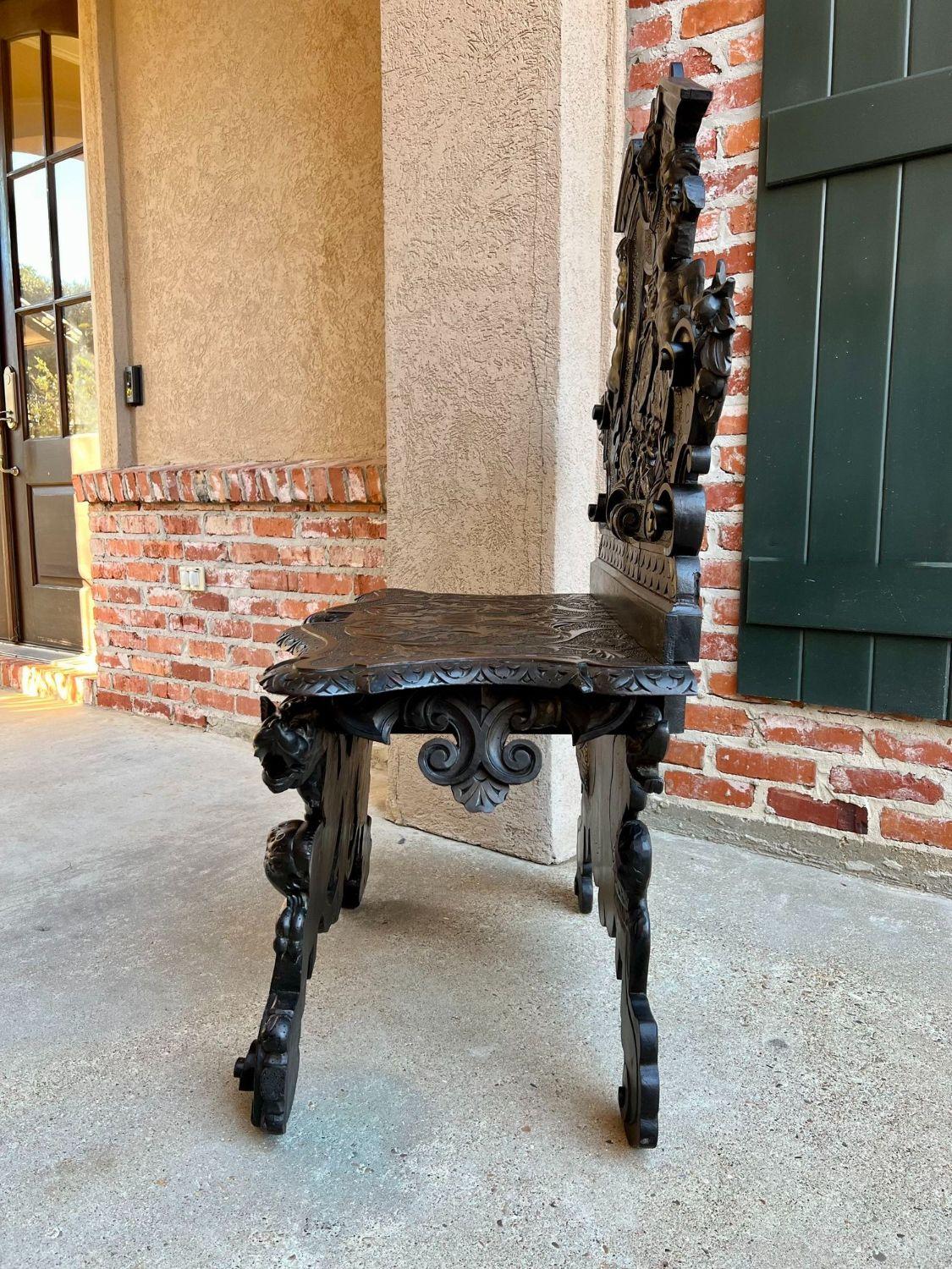 Antique Italian Renaissance Revival Hall Bench Throne Chair Ebonized Carved Oak 6