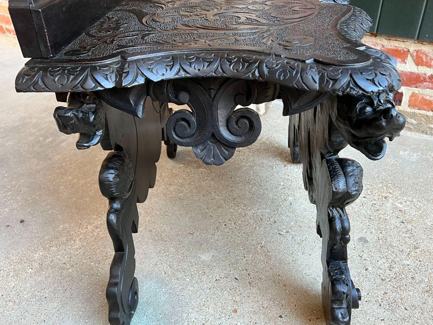 Antique Italian Renaissance Revival Hall Bench Throne Chair Ebonized Carved Oak 7