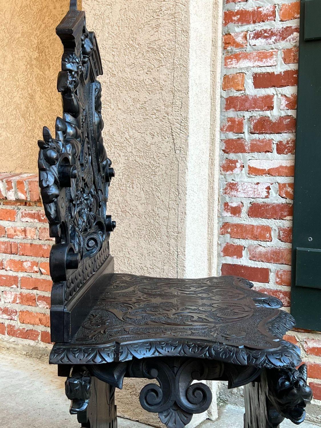 Antique Italian Renaissance Revival Hall Bench Throne Chair Ebonized Carved Oak 10