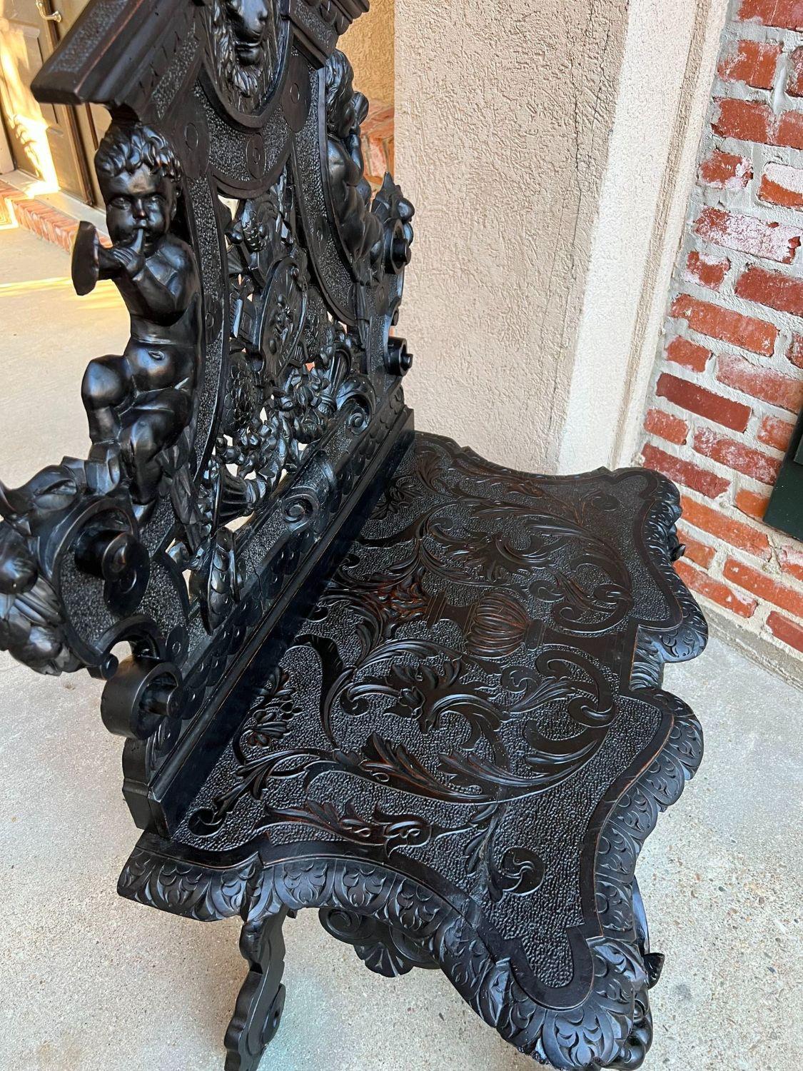 Antique Italian Renaissance Revival Hall Bench Throne Chair Ebonized Carved Oak 11
