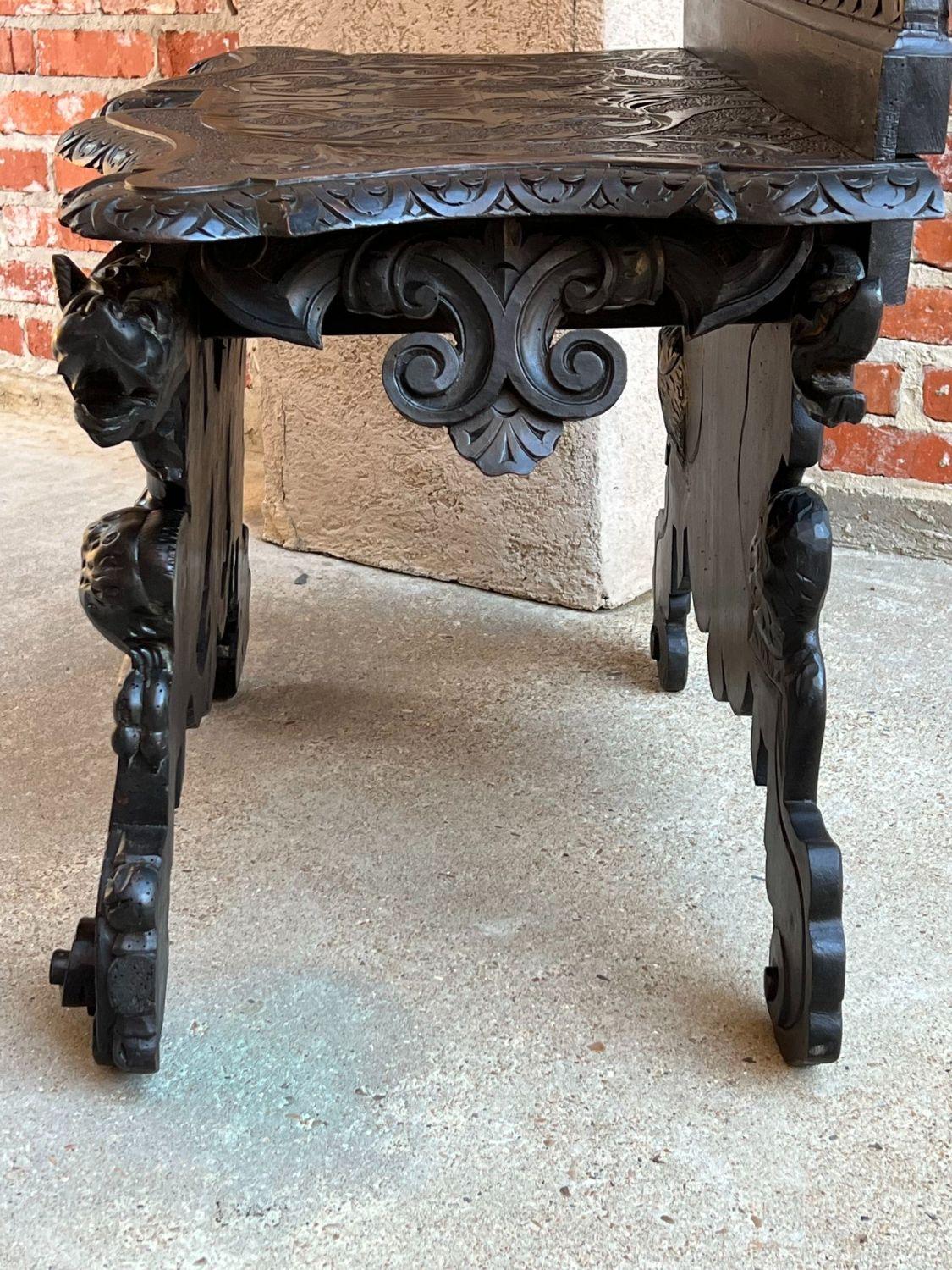 Antique Italian Renaissance Revival Hall Bench Throne Chair Ebonized Carved Oak 14