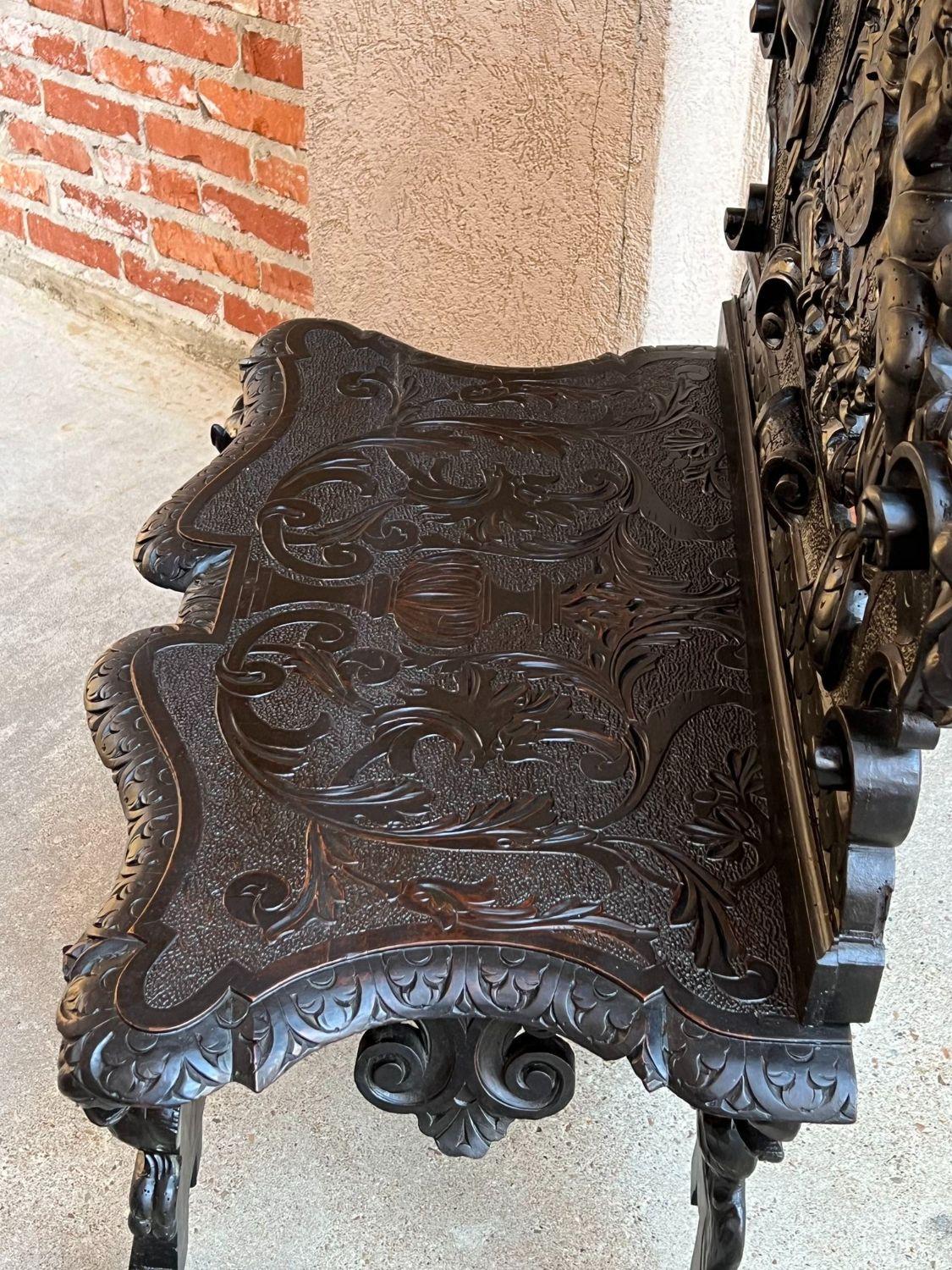 Antique Italian Renaissance Revival Hall Bench Throne Chair Ebonized Carved Oak 16