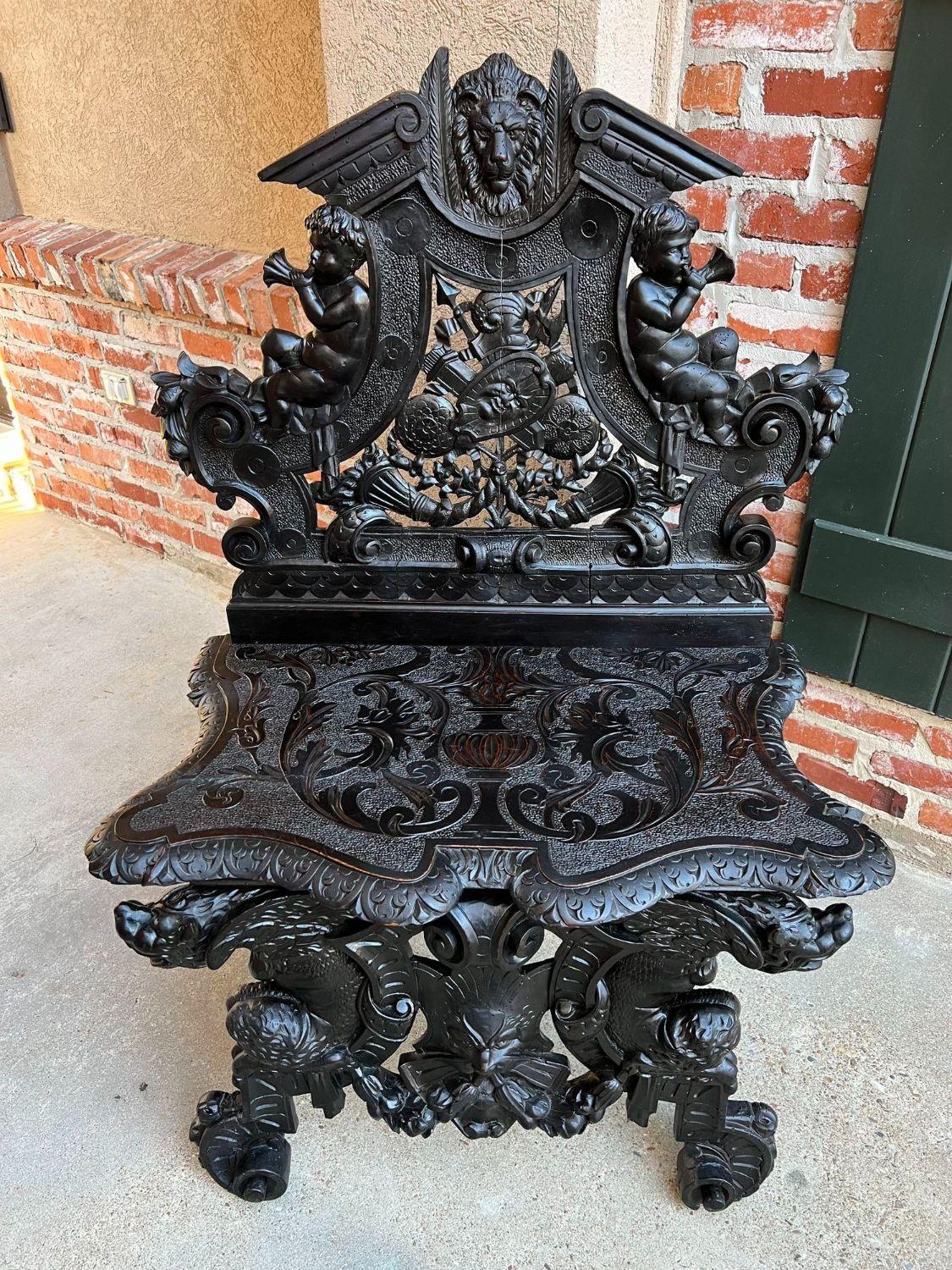 Antique Italian Renaissance Revival Hall Bench Throne Chair Ebonized Carved Oak In Good Condition In Shreveport, LA