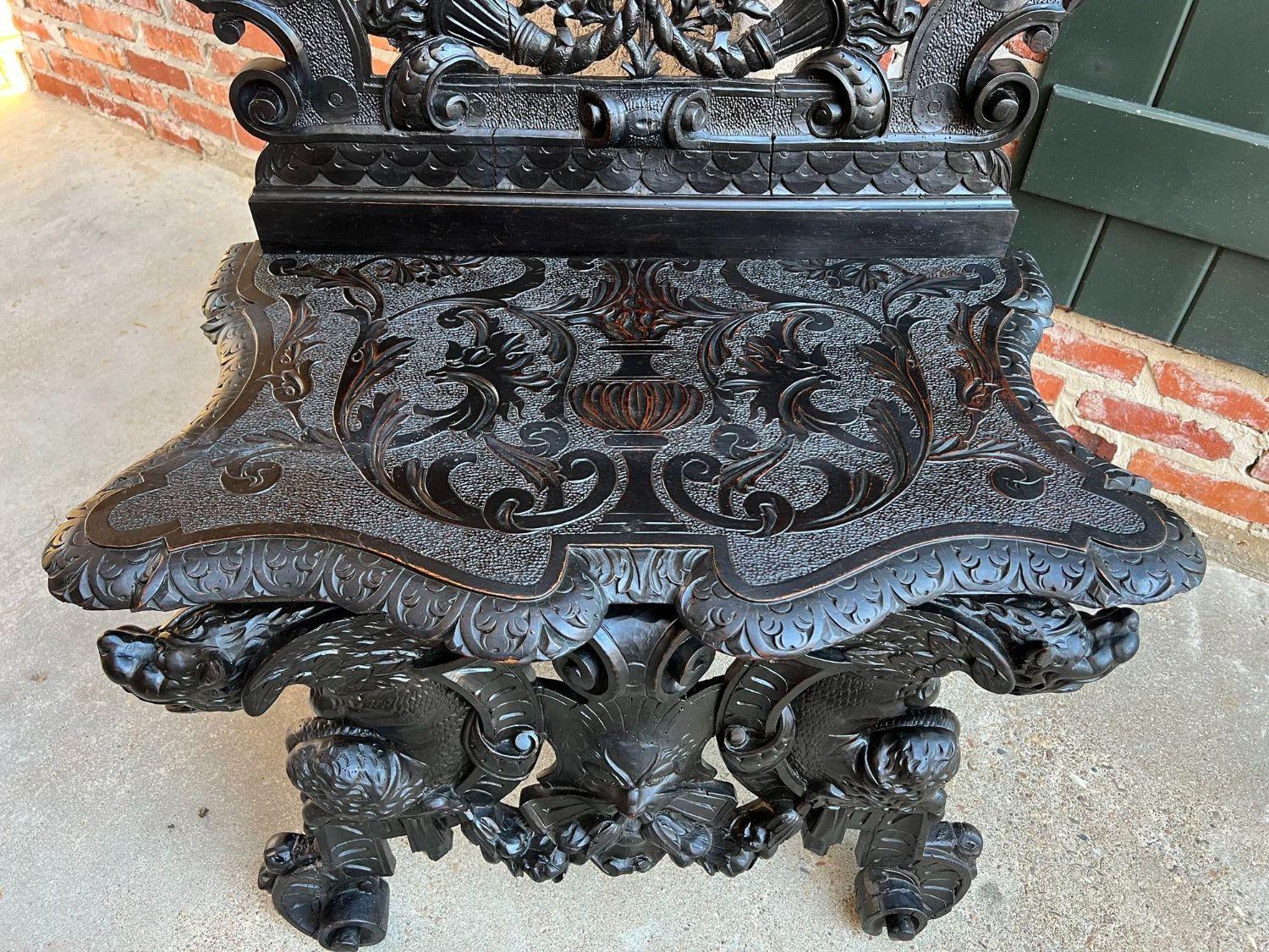 Antique Italian Renaissance Revival Hall Bench Throne Chair Ebonized Carved Oak 1