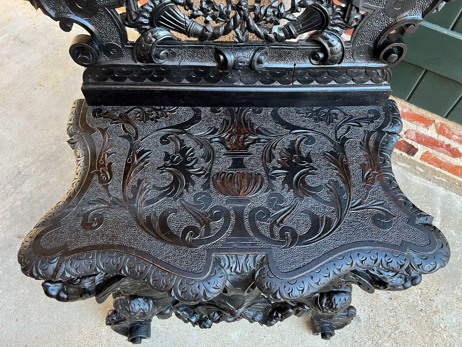 Antique Italian Renaissance Revival Hall Bench Throne Chair Ebonized Carved Oak 2