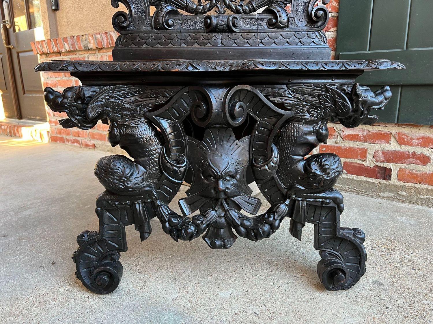 Antique Italian Renaissance Revival Hall Bench Throne Chair Ebonized Carved Oak 3