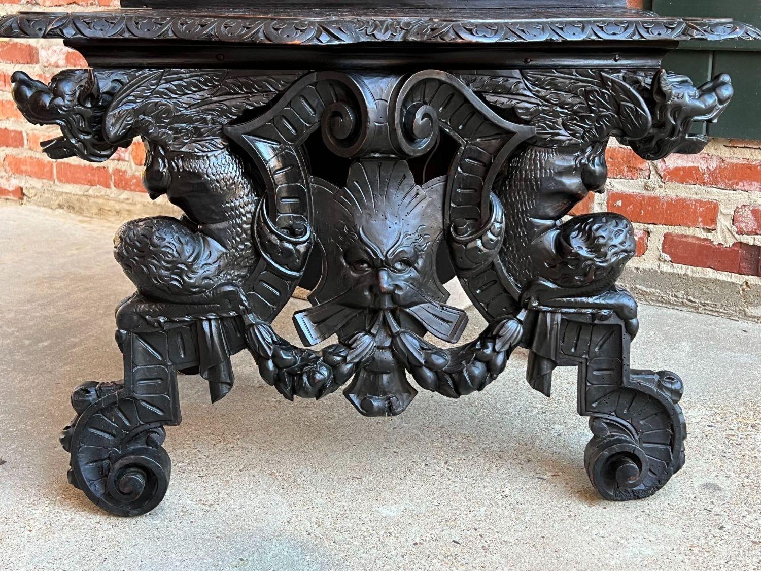 Antique Italian Renaissance Revival Hall Bench Throne Chair Ebonized Carved Oak 4