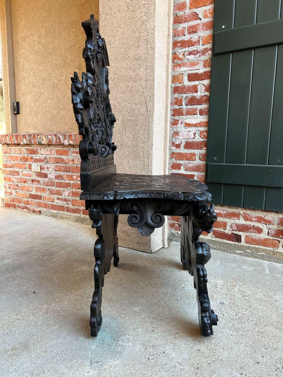 Antique Italian Renaissance Revival Hall Bench Throne Chair Ebonized Carved Oak 5