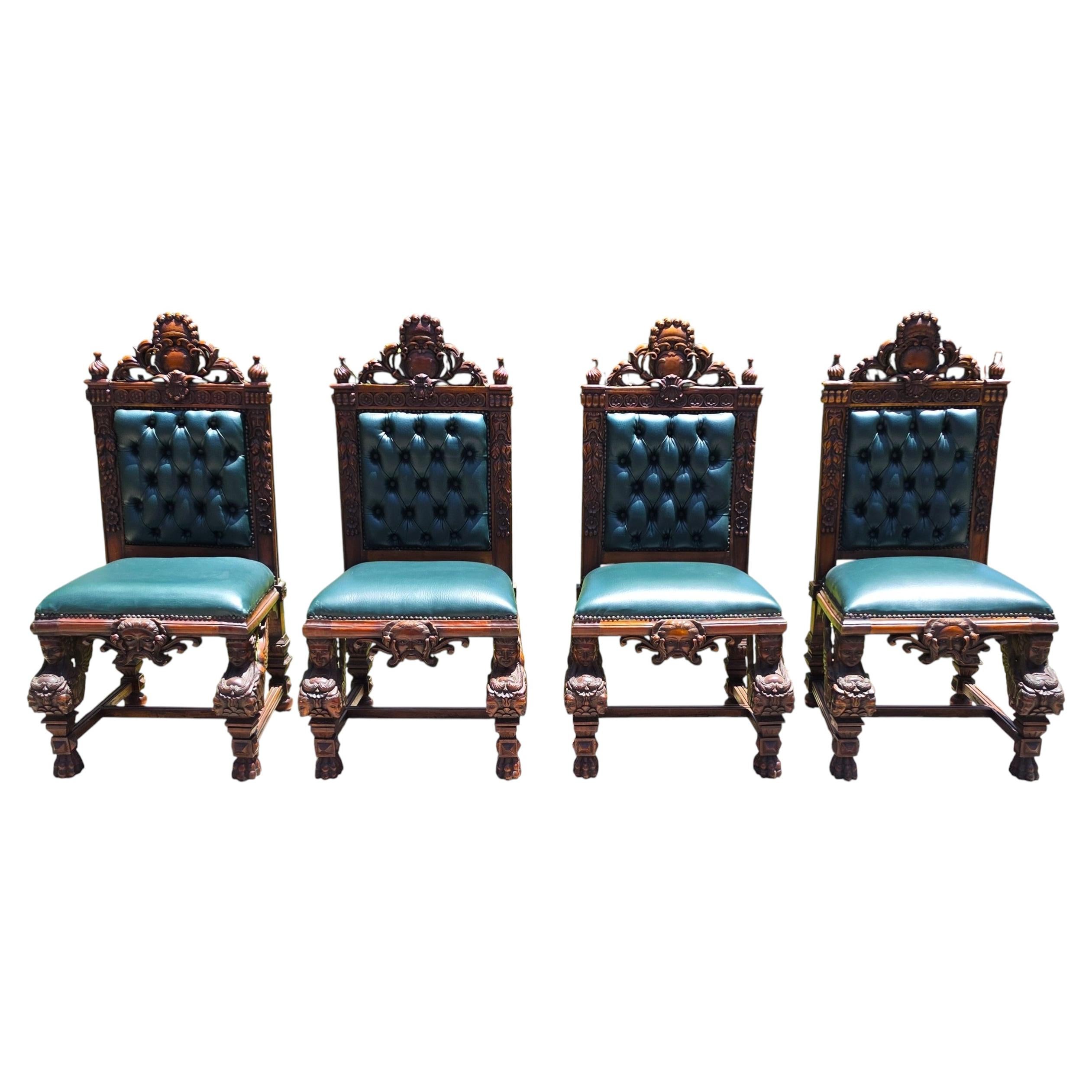 Lot de 4 chaises de salle à manger anciennes, de style néo-Renaissance italienne, sculptées à la main