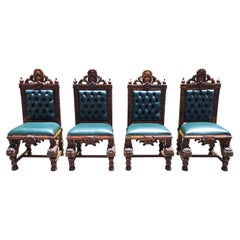 Antique Italian Renaissance Revival Hand Carved Dining Chairs Set of 4