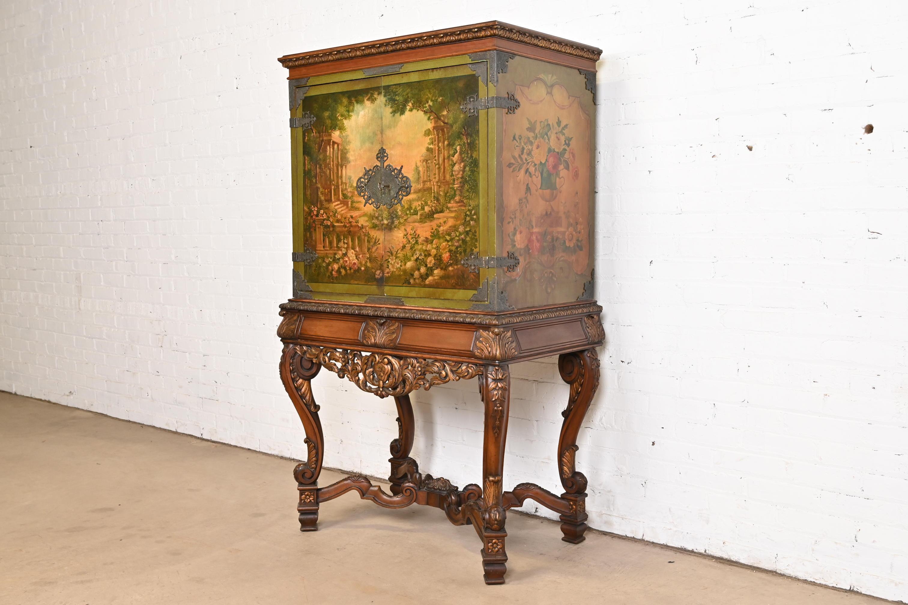 American Antique Italian Renaissance Revival Hand Painted Carved Walnut Bookcase