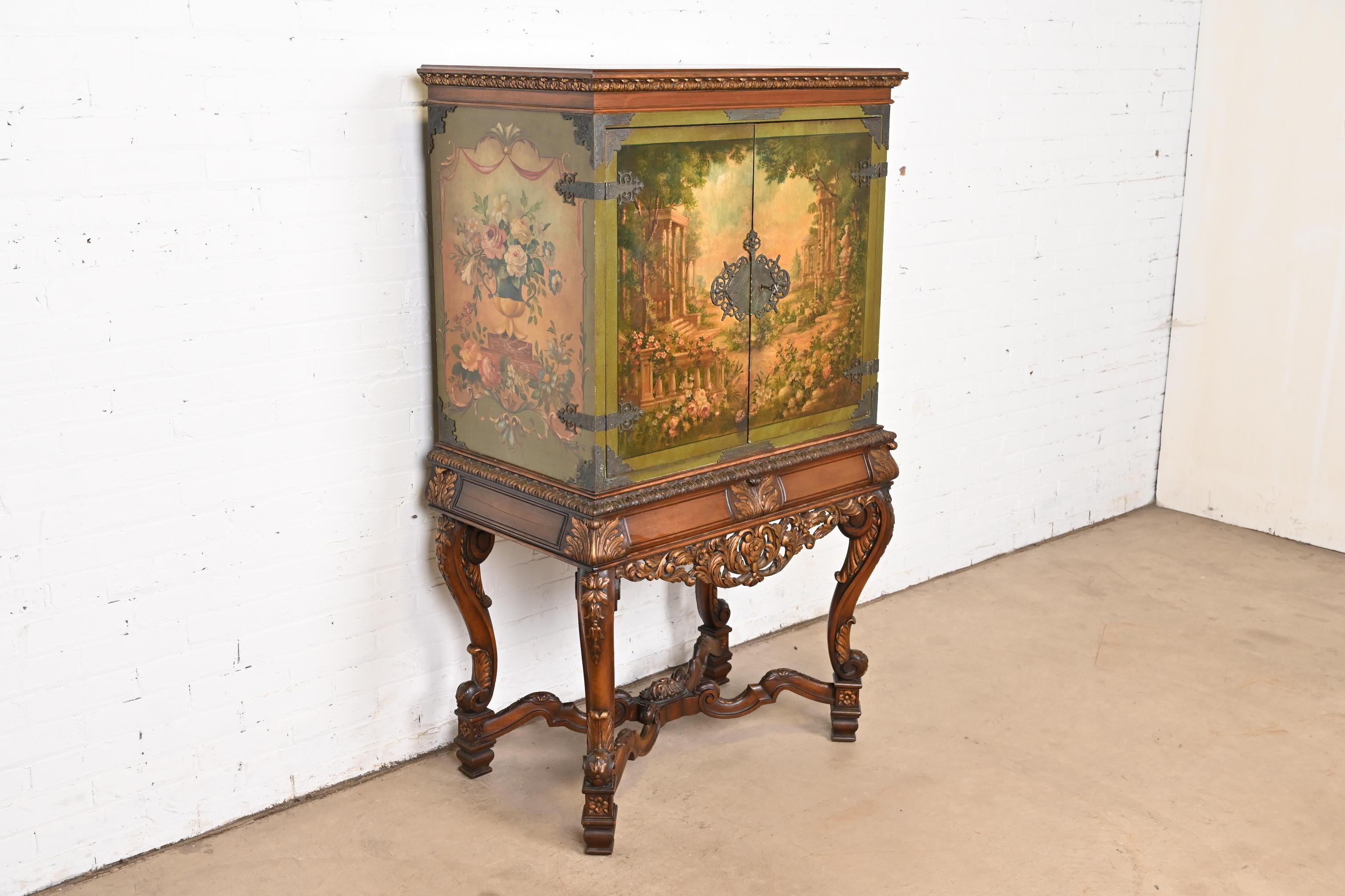 Antique Italian Renaissance Revival Hand Painted Carved Walnut Bookcase In Good Condition In South Bend, IN