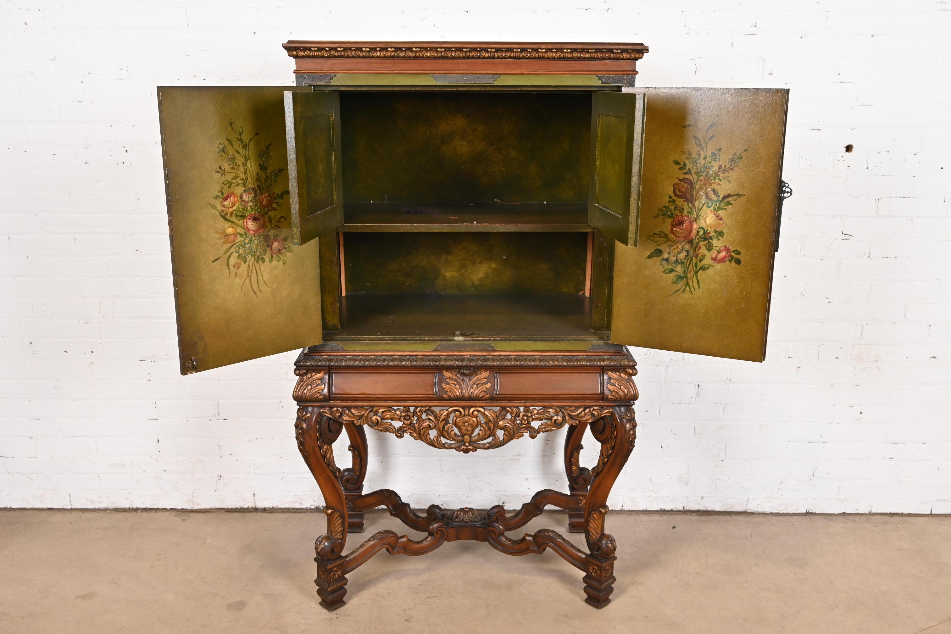 Antique Italian Renaissance Revival Hand Painted Carved Walnut Bookcase 1