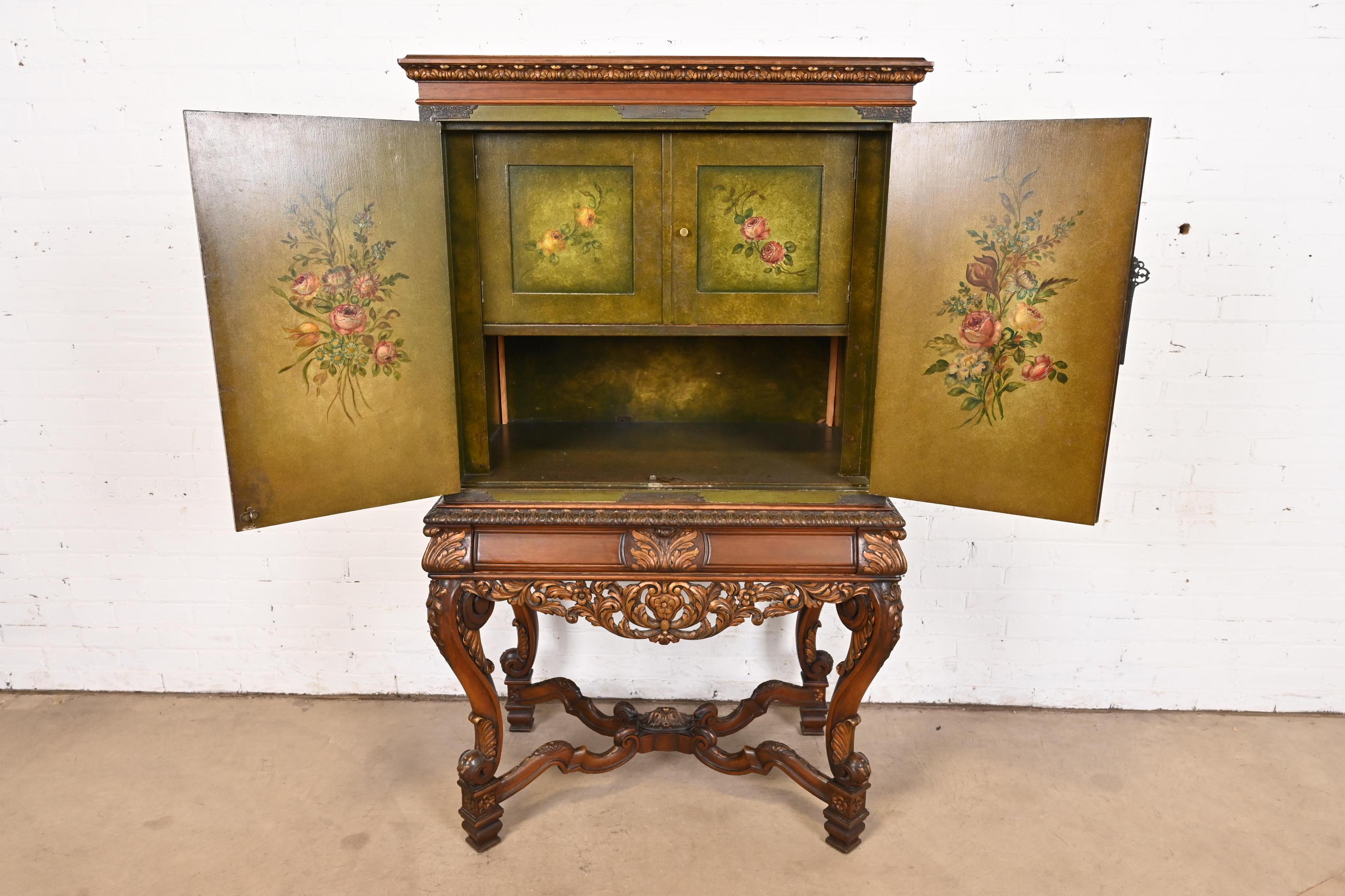 Antique Italian Renaissance Revival Hand Painted Carved Walnut Bookcase 2