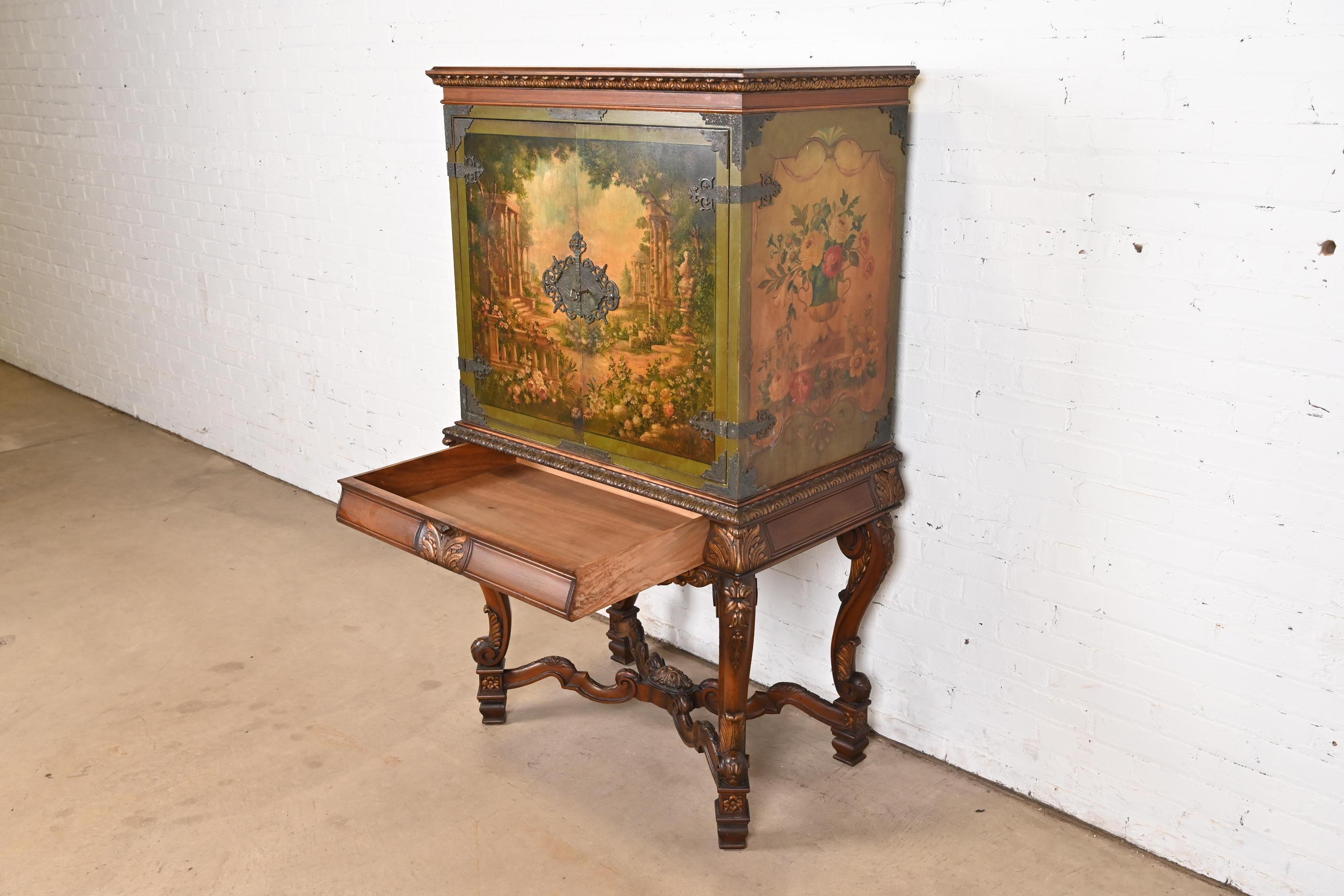 Antique Italian Renaissance Revival Hand Painted Carved Walnut Bookcase 3