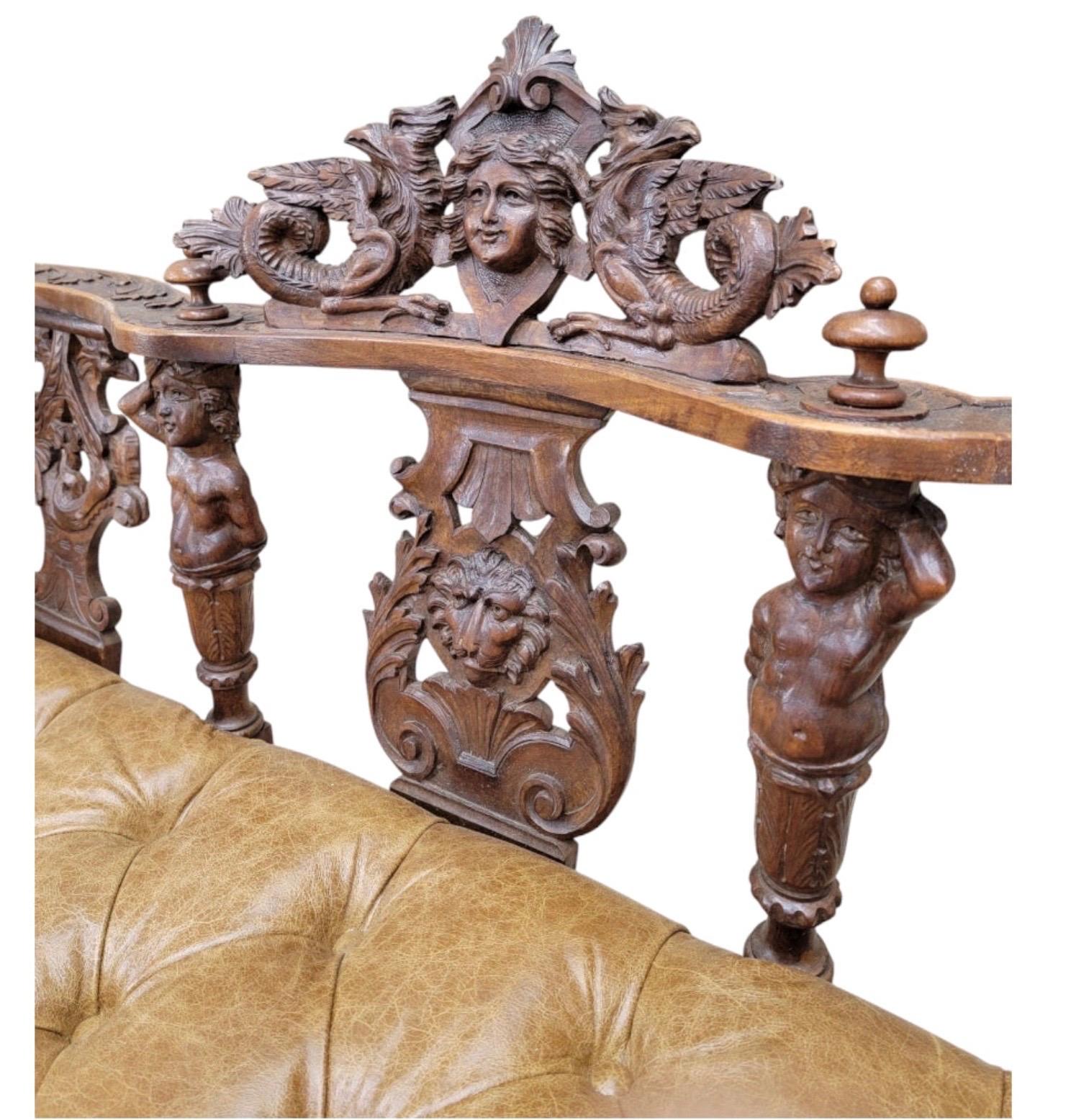 19th Century Antique Italian Renaissance Revival Ornate Tufted Bench Newly Reupholstered For Sale