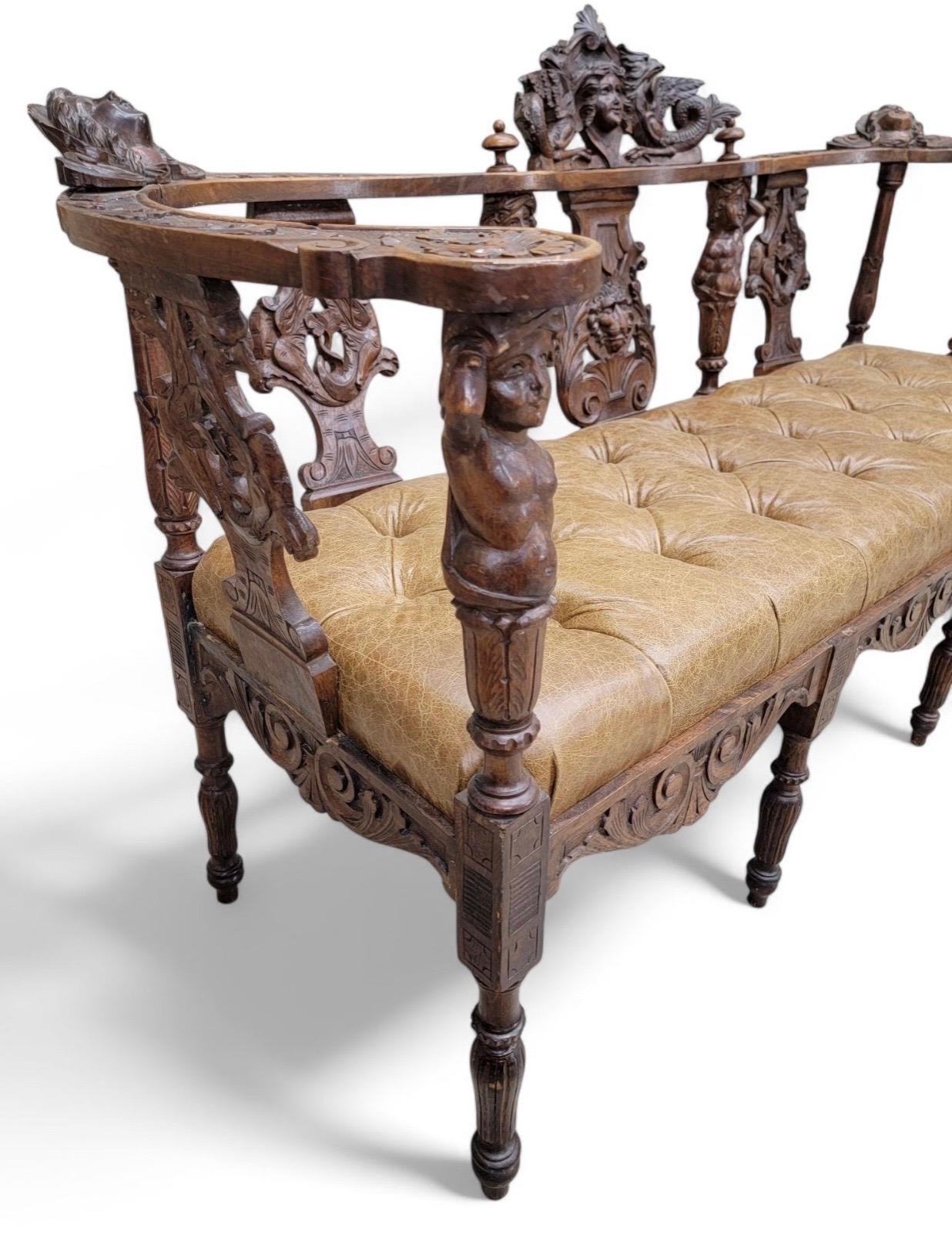 Leather Antique Italian Renaissance Revival Ornate Tufted Bench Newly Reupholstered For Sale