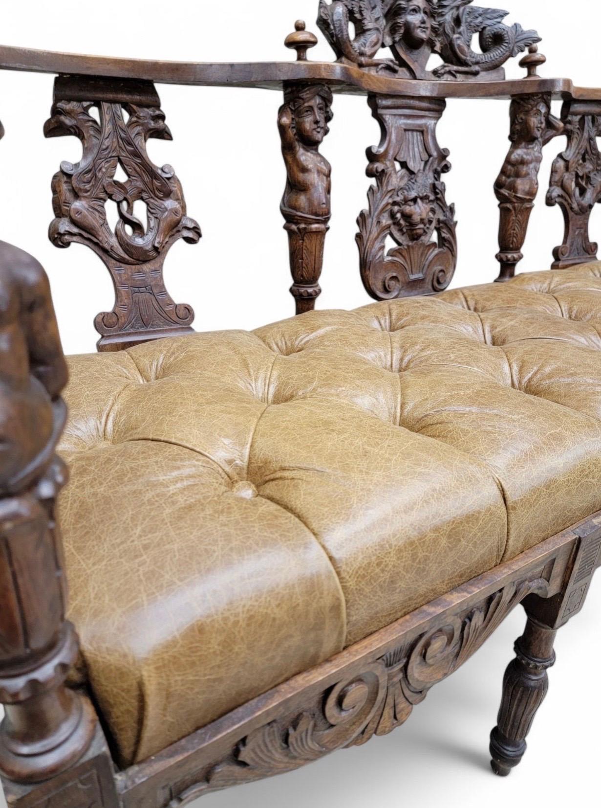 Antique Italian Renaissance Revival Ornate Tufted Bench Newly Reupholstered For Sale 1