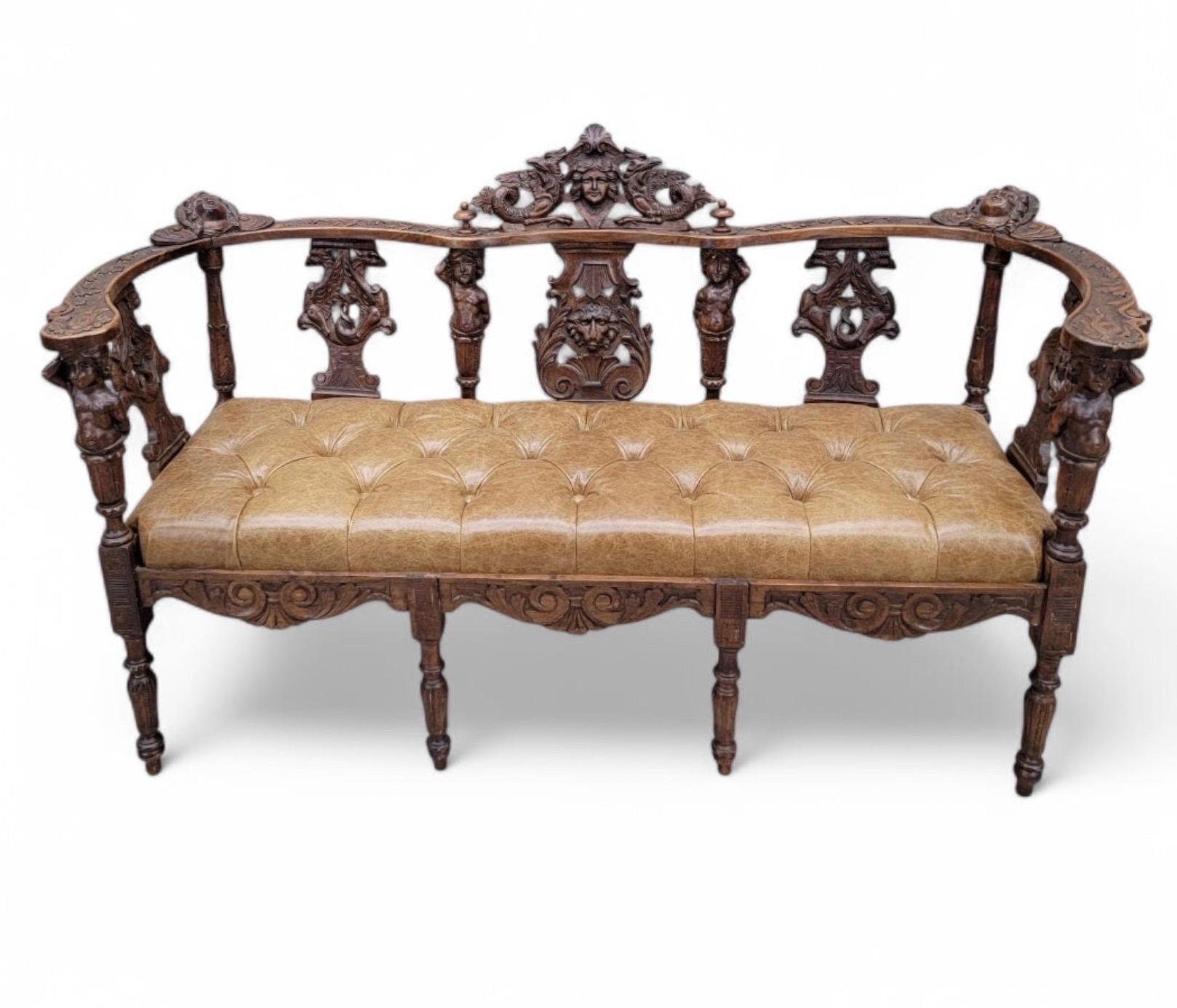 Antique Italian Renaissance Revival Ornate Tufted Bench Newly Reupholstered For Sale 2