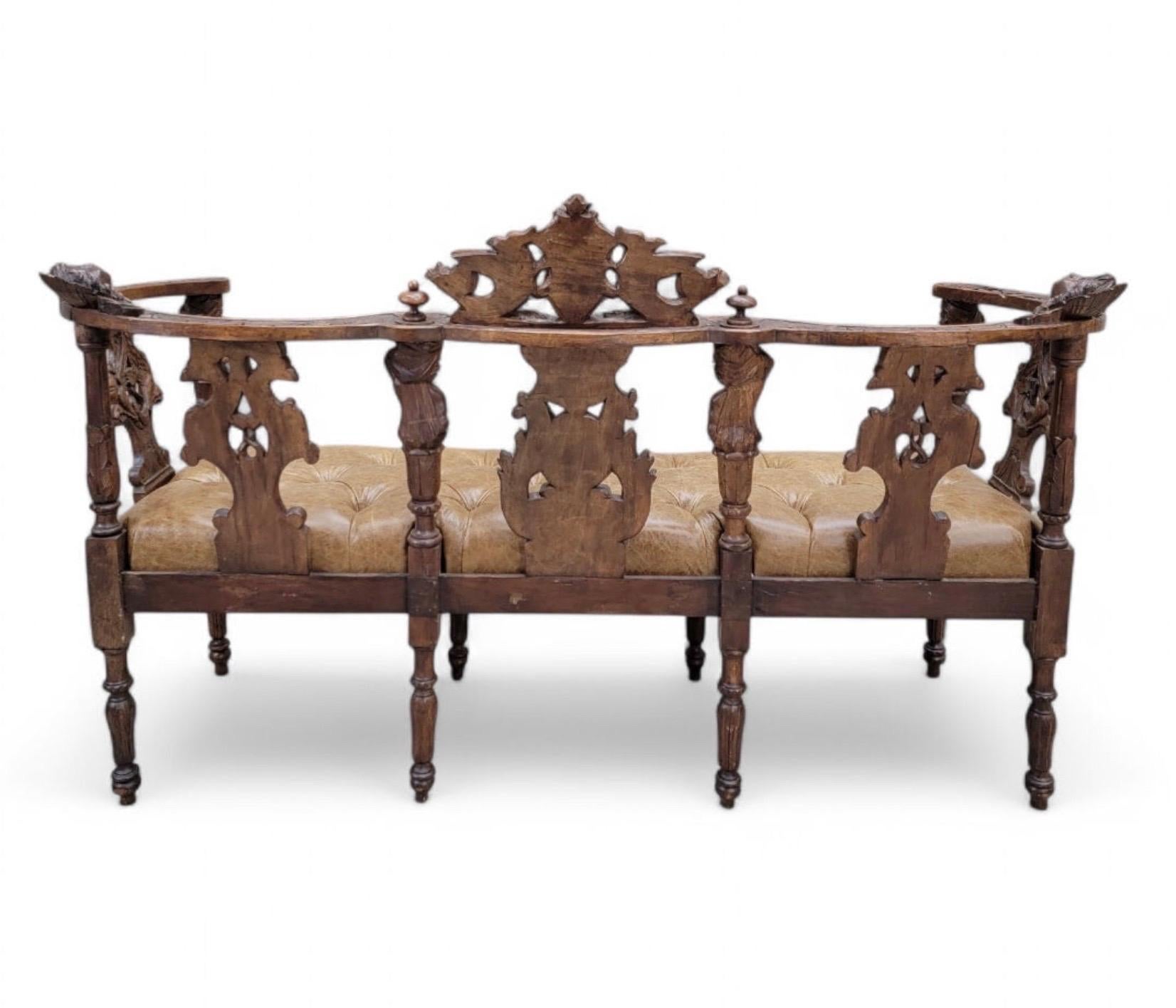 Antique Italian Renaissance Revival Ornate Tufted Bench Newly Reupholstered For Sale 3