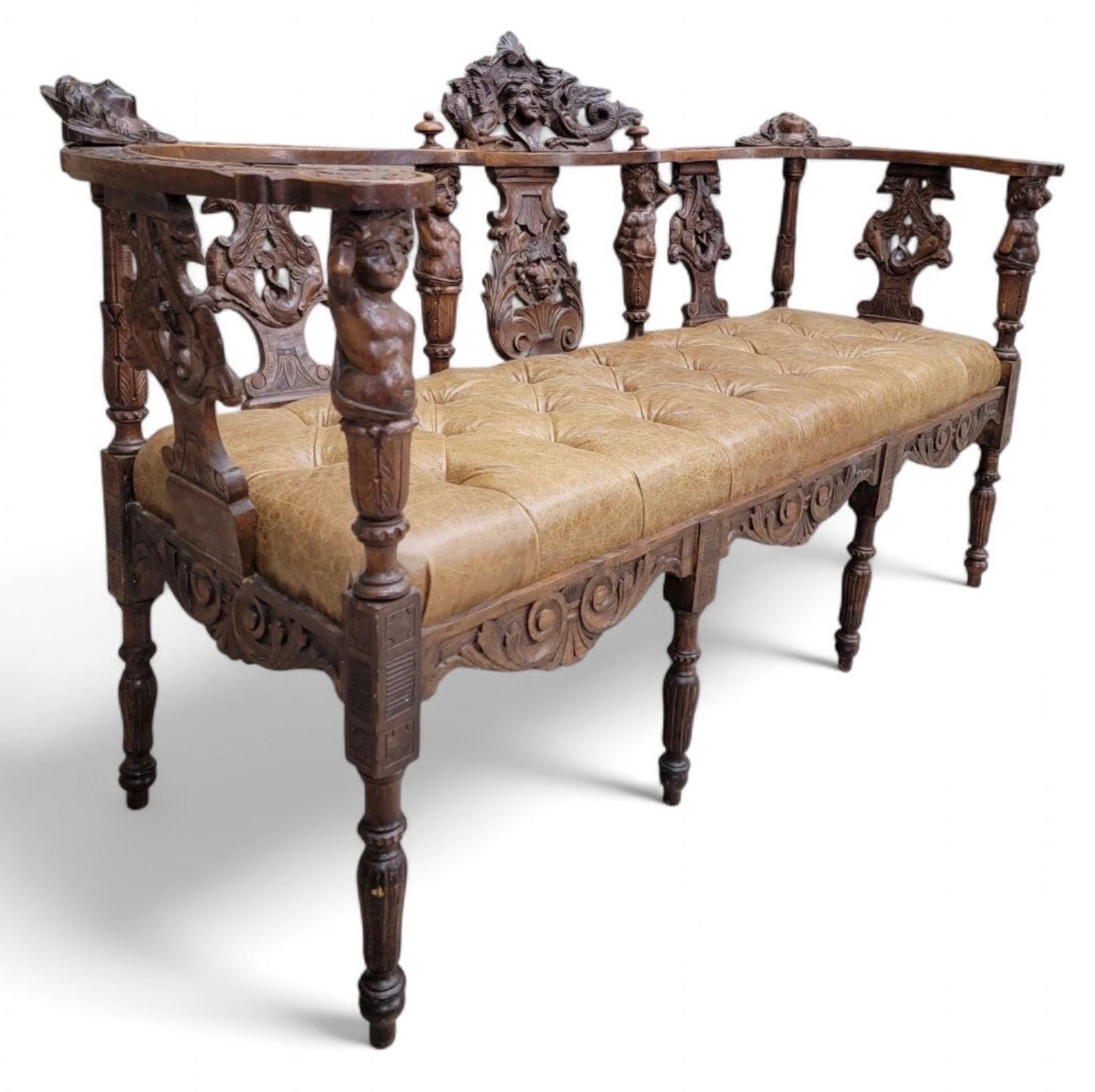 Antique Italian Renaissance Revival Ornate Tufted Bench Newly Reupholstered For Sale 4