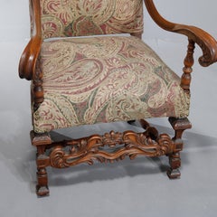 Antique Italian Renaissance Revival Style Carved Walnut Throne Chair, c1900