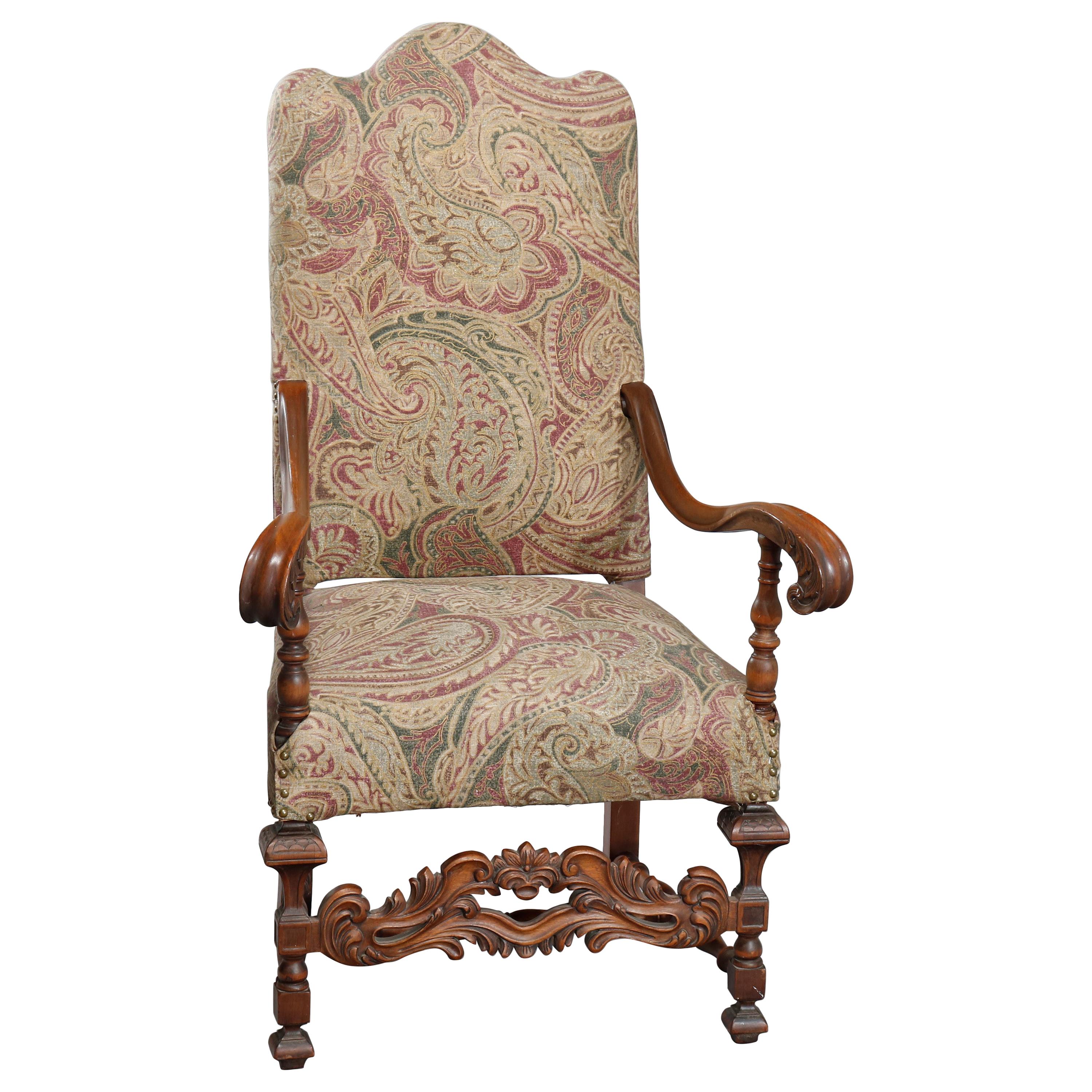 Antique Italian Renaissance Revival Style Carved Walnut Throne Chair, circa 1900 For Sale