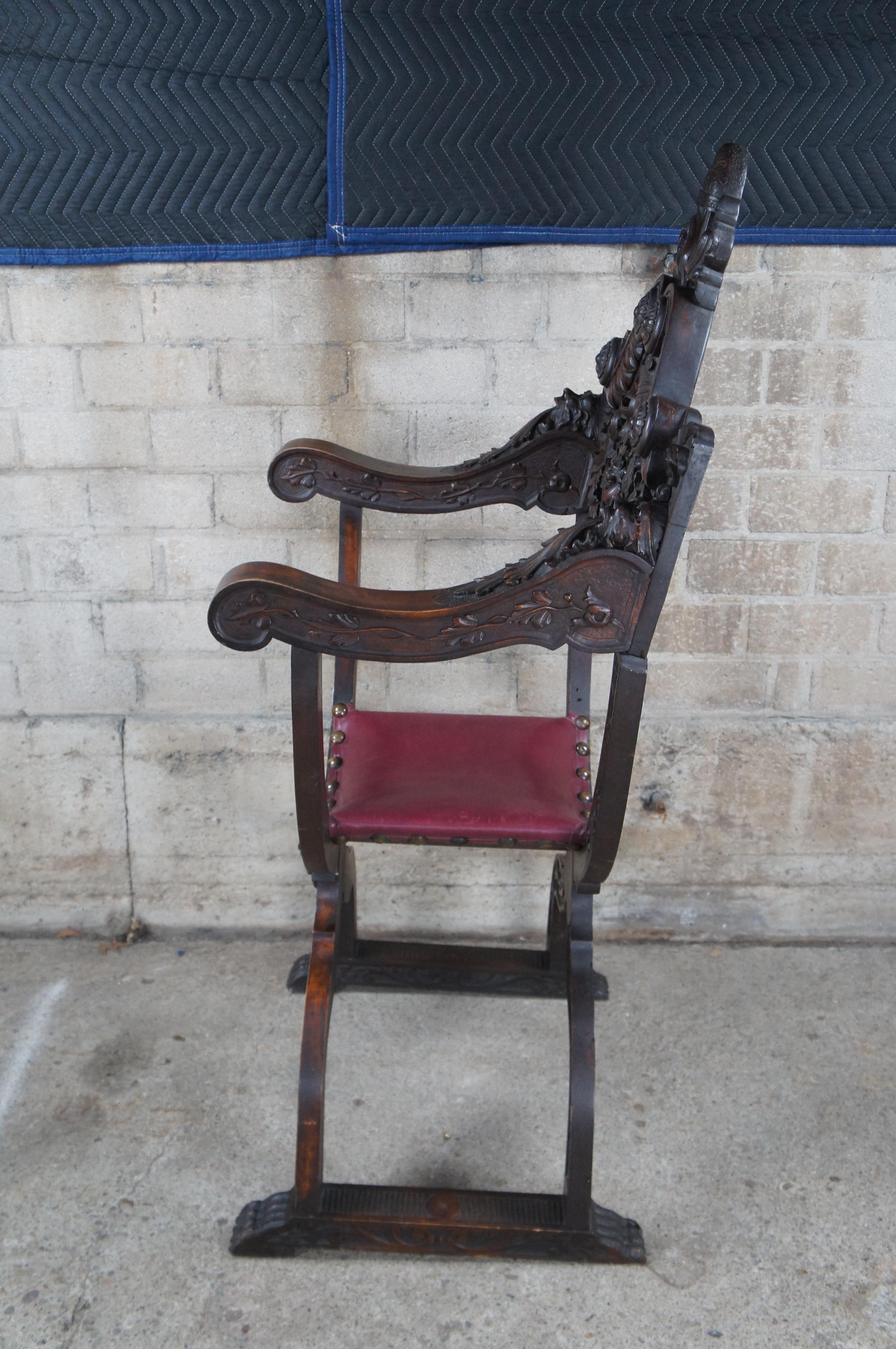 Antique Italian Renaissance Revival Walnut Curule Savonarola Lion Throne Chair For Sale 5