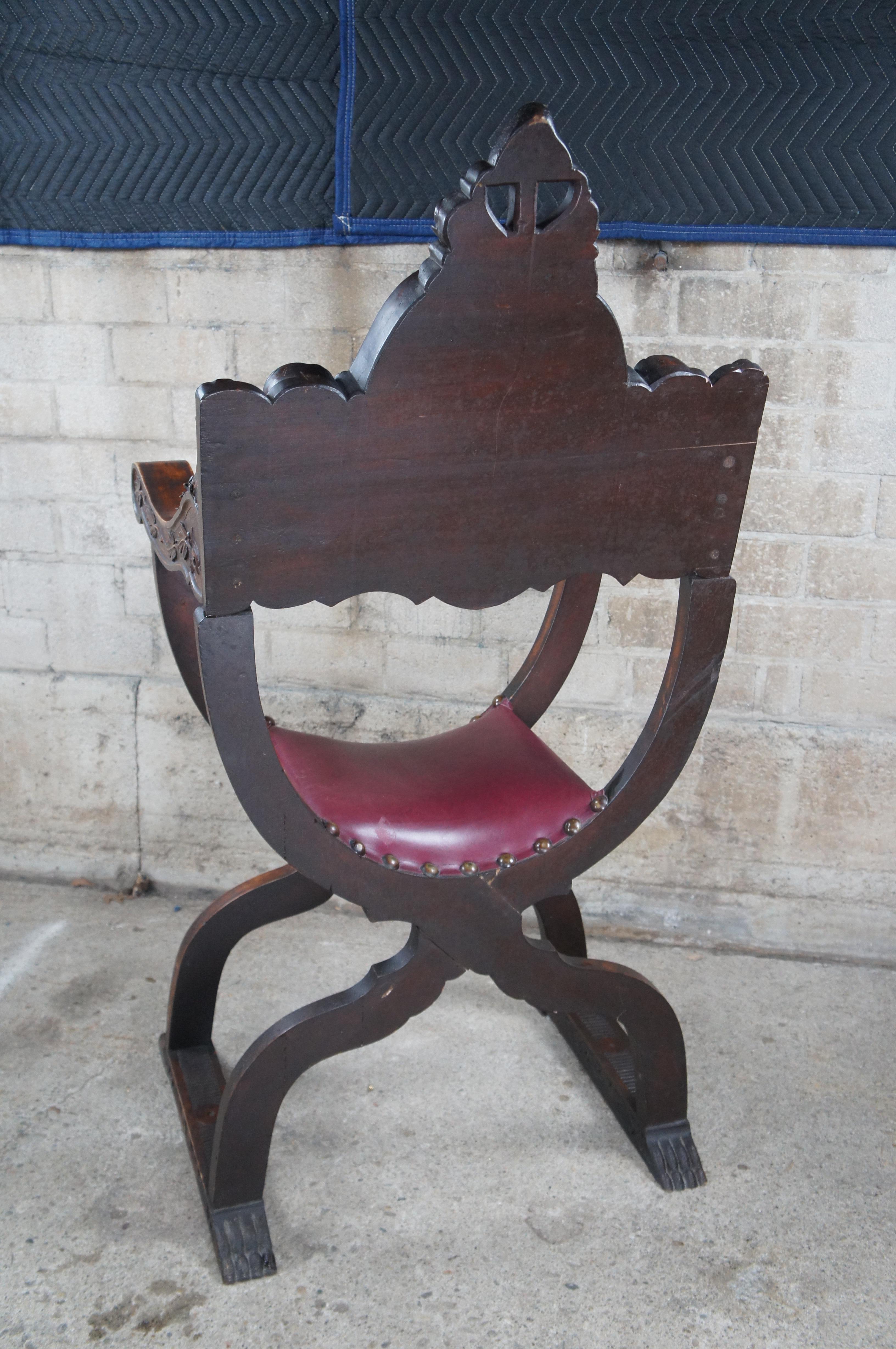 Antique Italian Renaissance Revival Walnut Curule Savonarola Lion Throne Chair For Sale 6