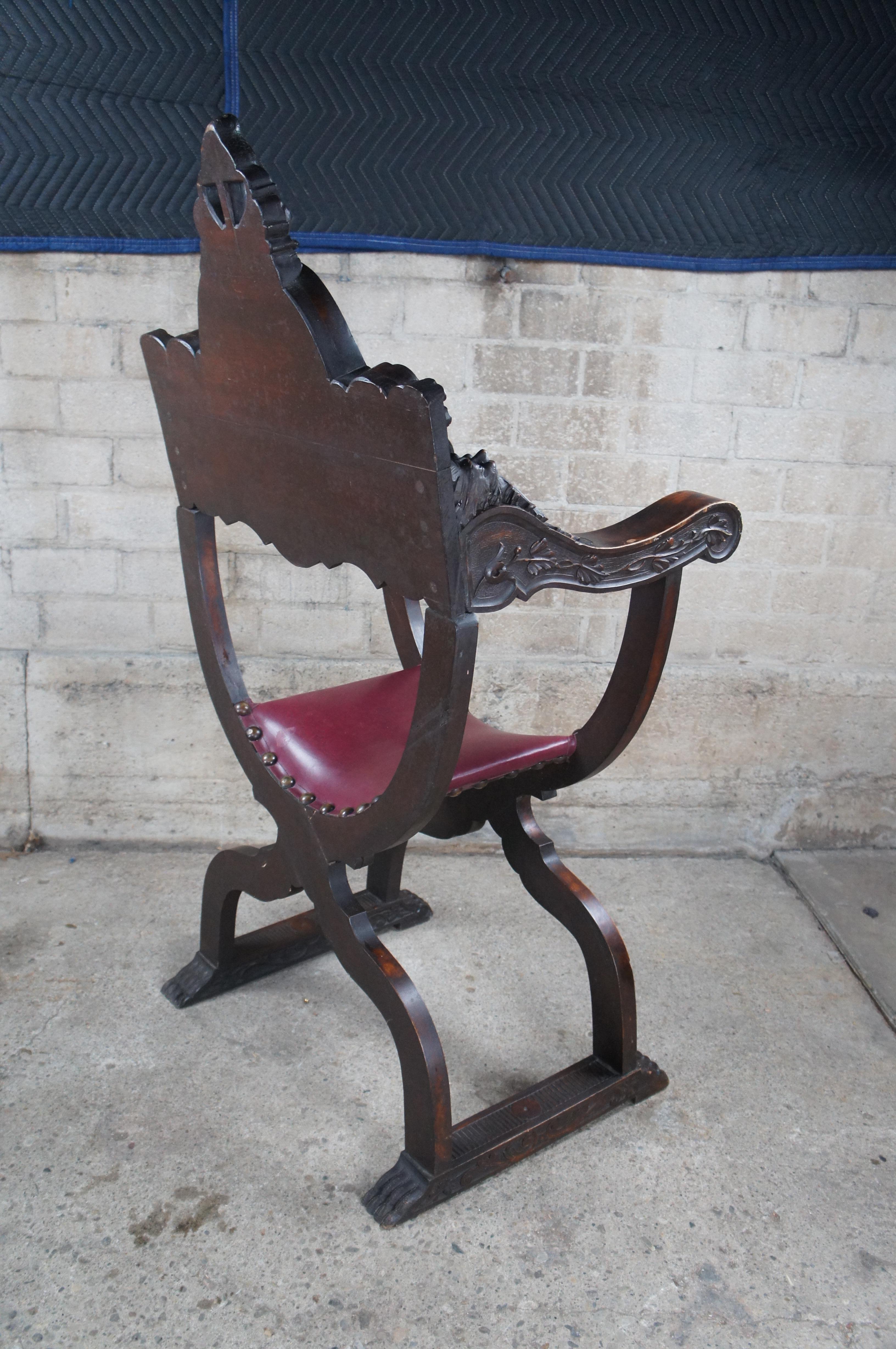 Antique Italian Renaissance Revival Walnut Curule Savonarola Lion Throne Chair For Sale 7